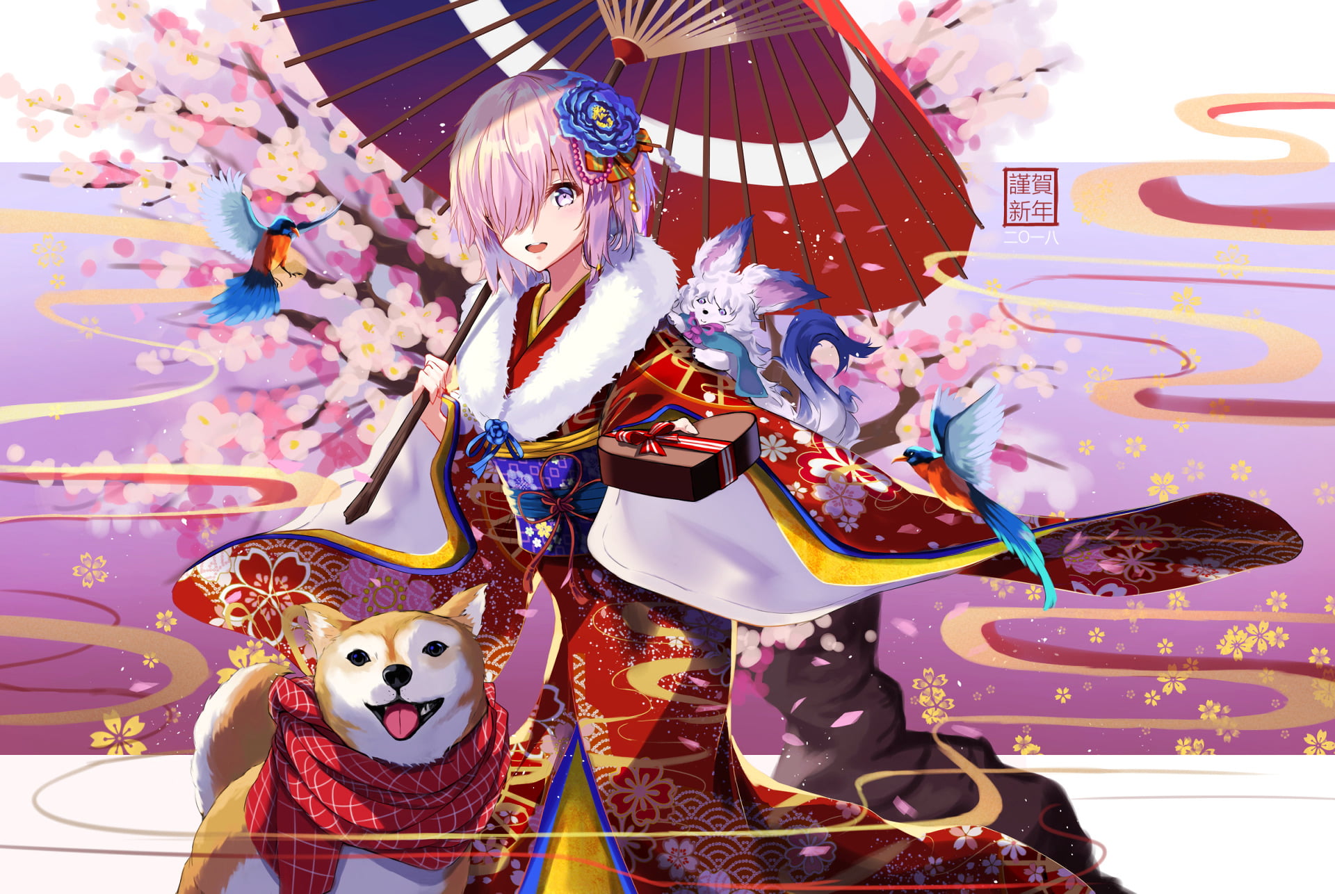 Fou (Fate/Grand Order), Girl, representation, Cherry Blossom, mask, mammal, Shielder (Fate/Grand Order), domestic, Dog, art and craft, celebration, Animal, HD Wallpaper