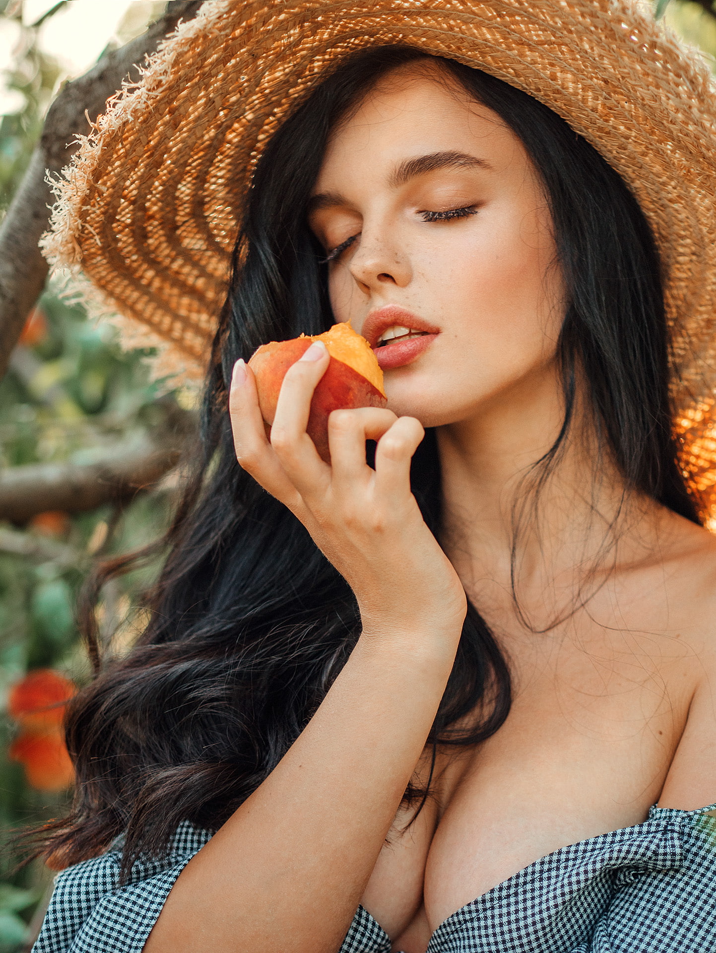 fruit, dark hair, 1080P, hat, model, black hair, freckles, food, straw hat, Evgeny Freyer, cleavage, closed eyes, women, Phone HD Wallpaper