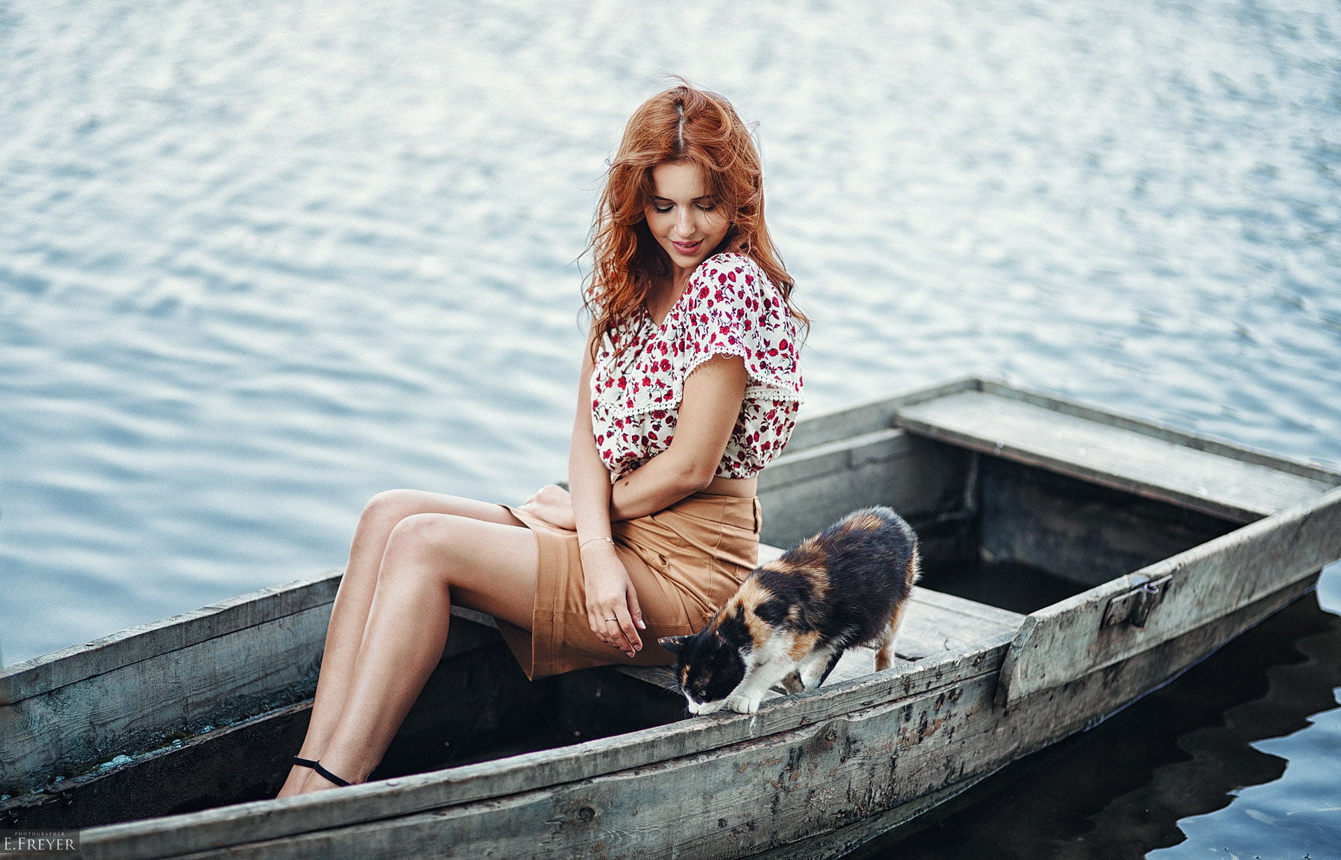 casual clothing, cat, relaxation, outdoors, redhead, smiling, wavy hair, beautiful woman, nature, long hair, day, legs, sitting, water, one animal, 1080P, HD Wallpaper