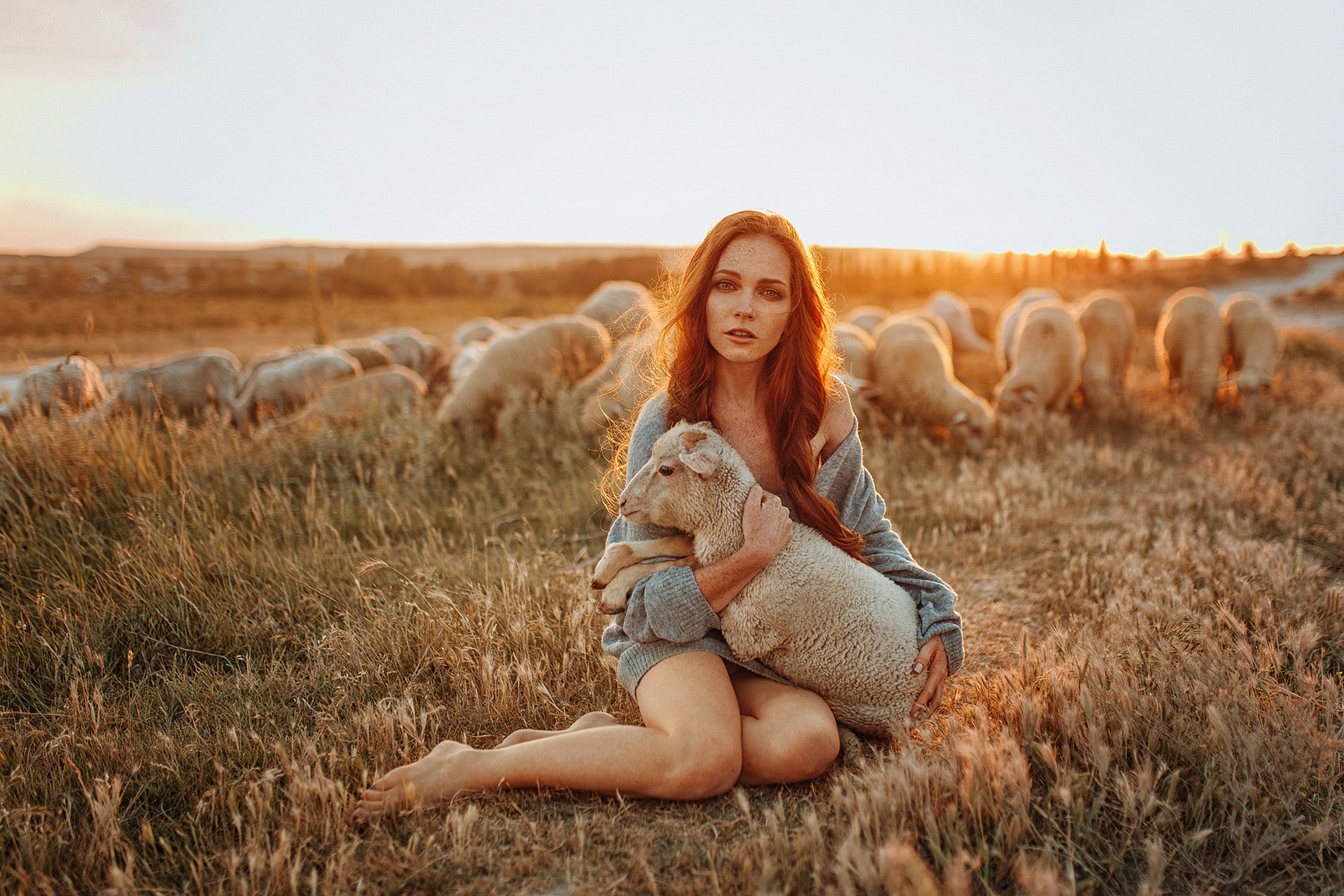 animals, Evgeny Freyer, barefoot, sheep, women outdoors, women, nature, 1080P, model, HD Wallpaper