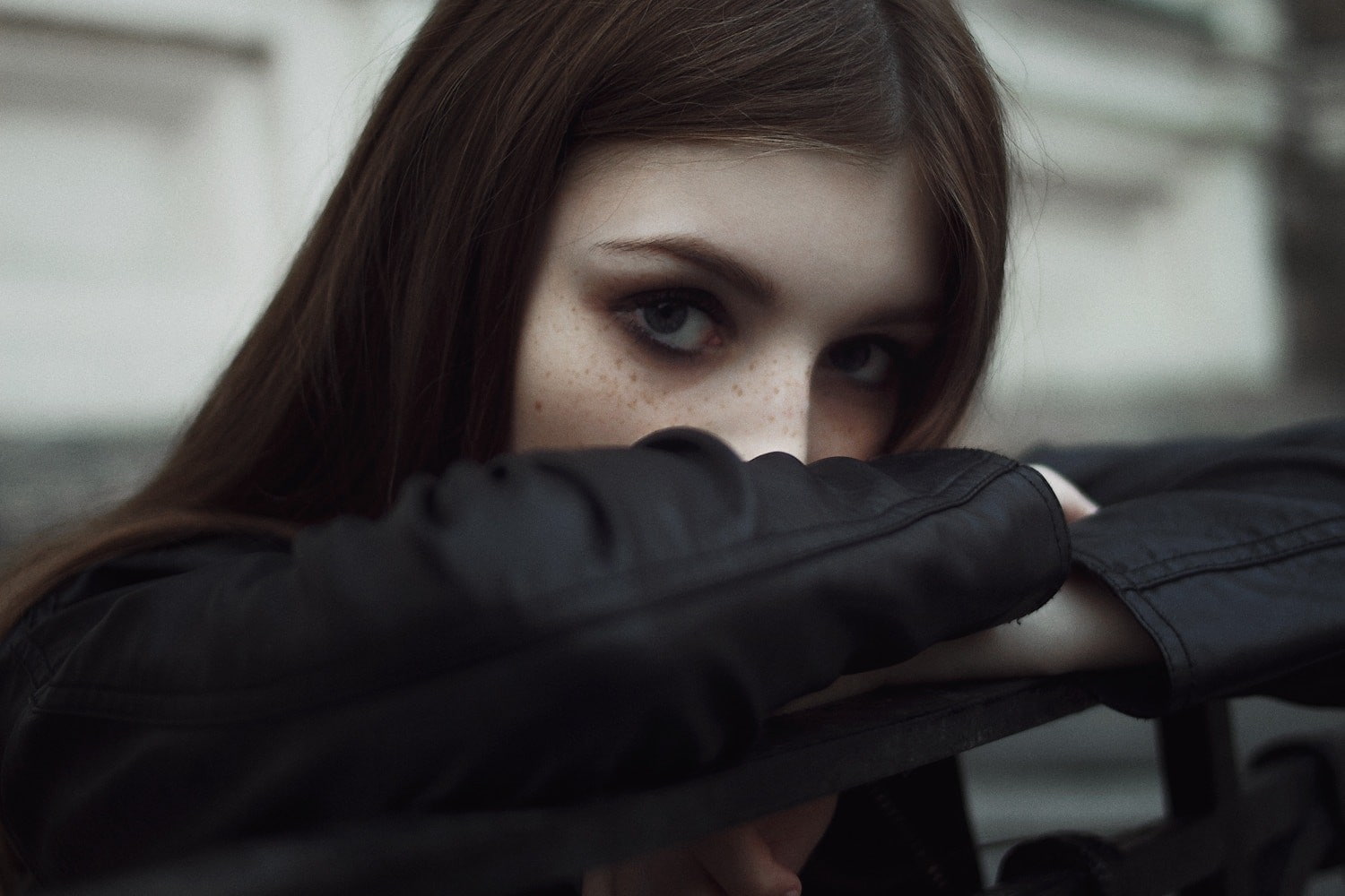 face, model, leather jackets, Ivan Kopchenov, straight hair, women, long hair, depth of field, looking at viewer, brunette, Jeanne Khudyakov, 720P, eyes, HD Wallpaper