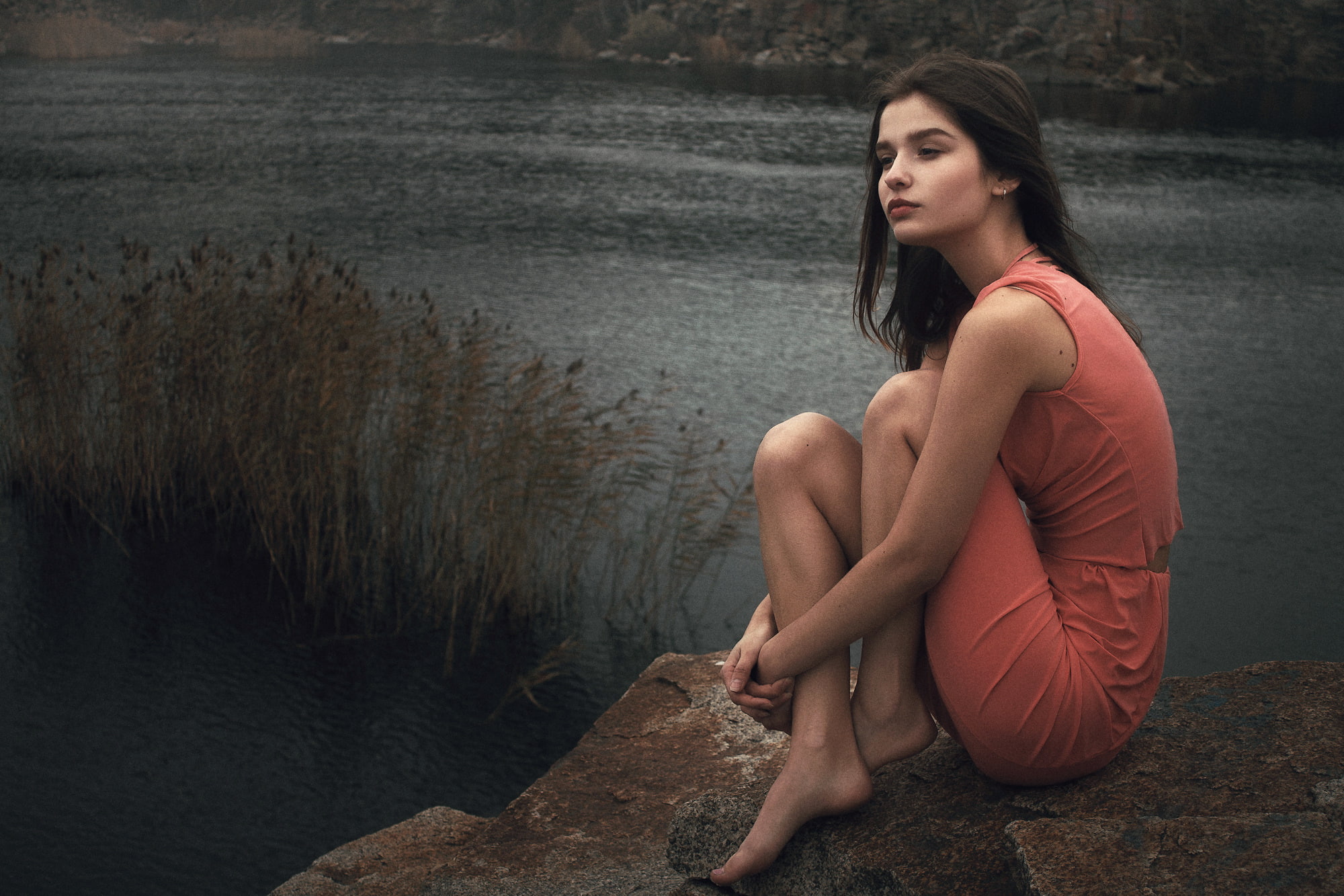 Ivan Kopchenov, legs, river, stone, dress, 1080P, HD Wallpaper