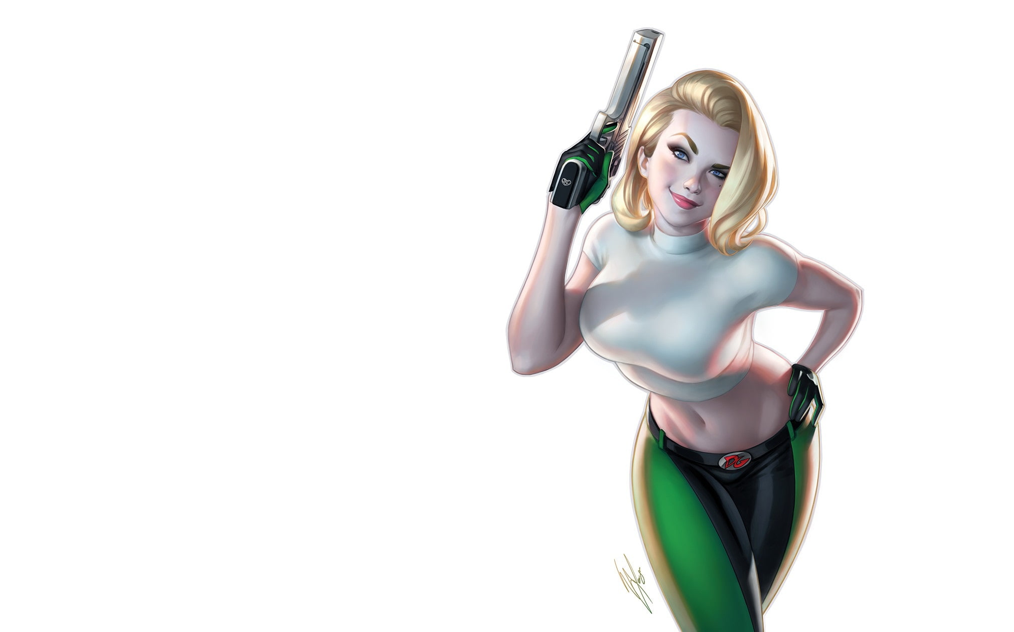 women, simple background, Danger Girl, 1080P, white background, gun, Abbey Chase, artwork, HD Wallpaper