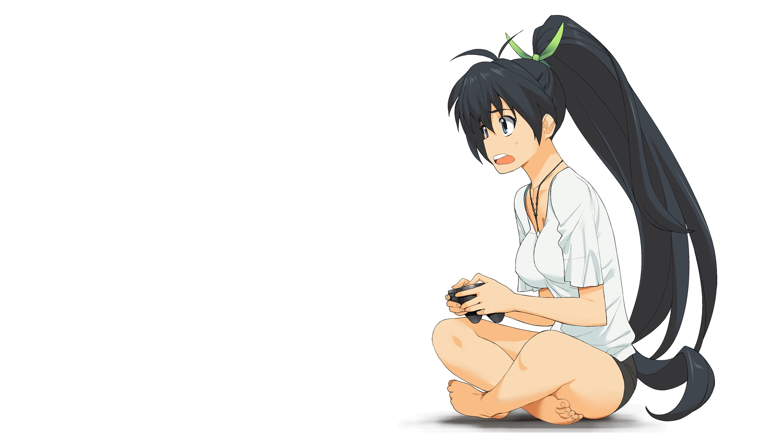 brunette, shirt, game console, anime, girl, 2K, irritation, HD Wallpaper
