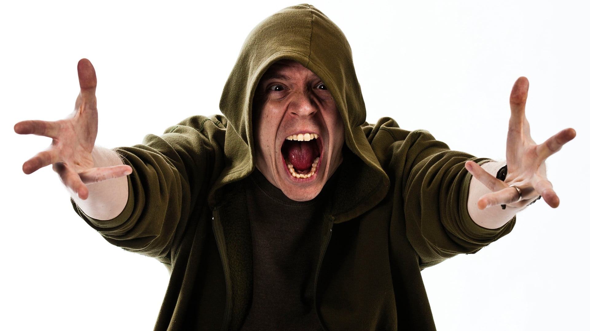 1080P, green, studio shot, aggression, frustration, cut out, adult, men, the devin townsend band, hand, gesturing, emotional stress, long, emotions, white background, HD Wallpaper