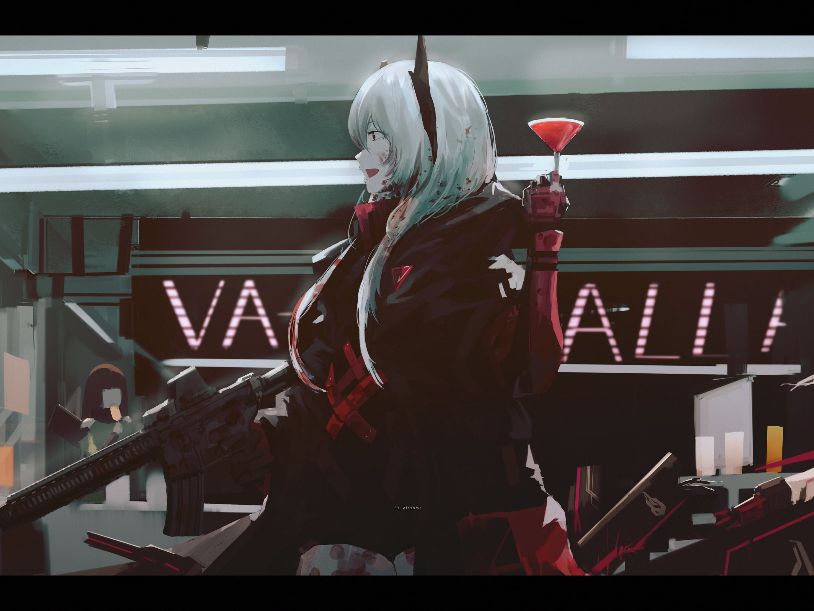 anime, 2K, anime girls, Girls Frontline, artwork, wine, Alcxome, digital art, long hair, white hair, Girls Frontline, weapon, HD Wallpaper