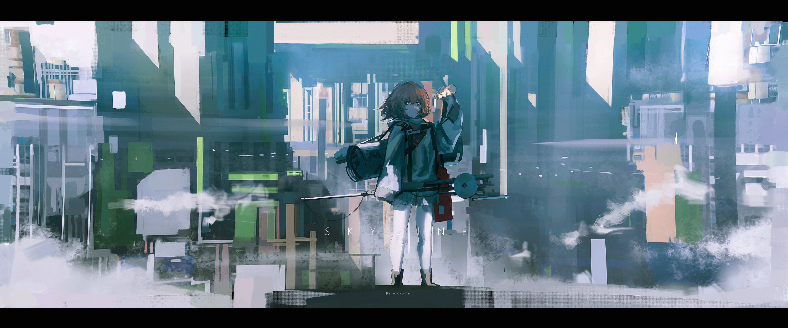 anime girls, clouds, 2K, Alcxome, sky, skyline, city, HD Wallpaper