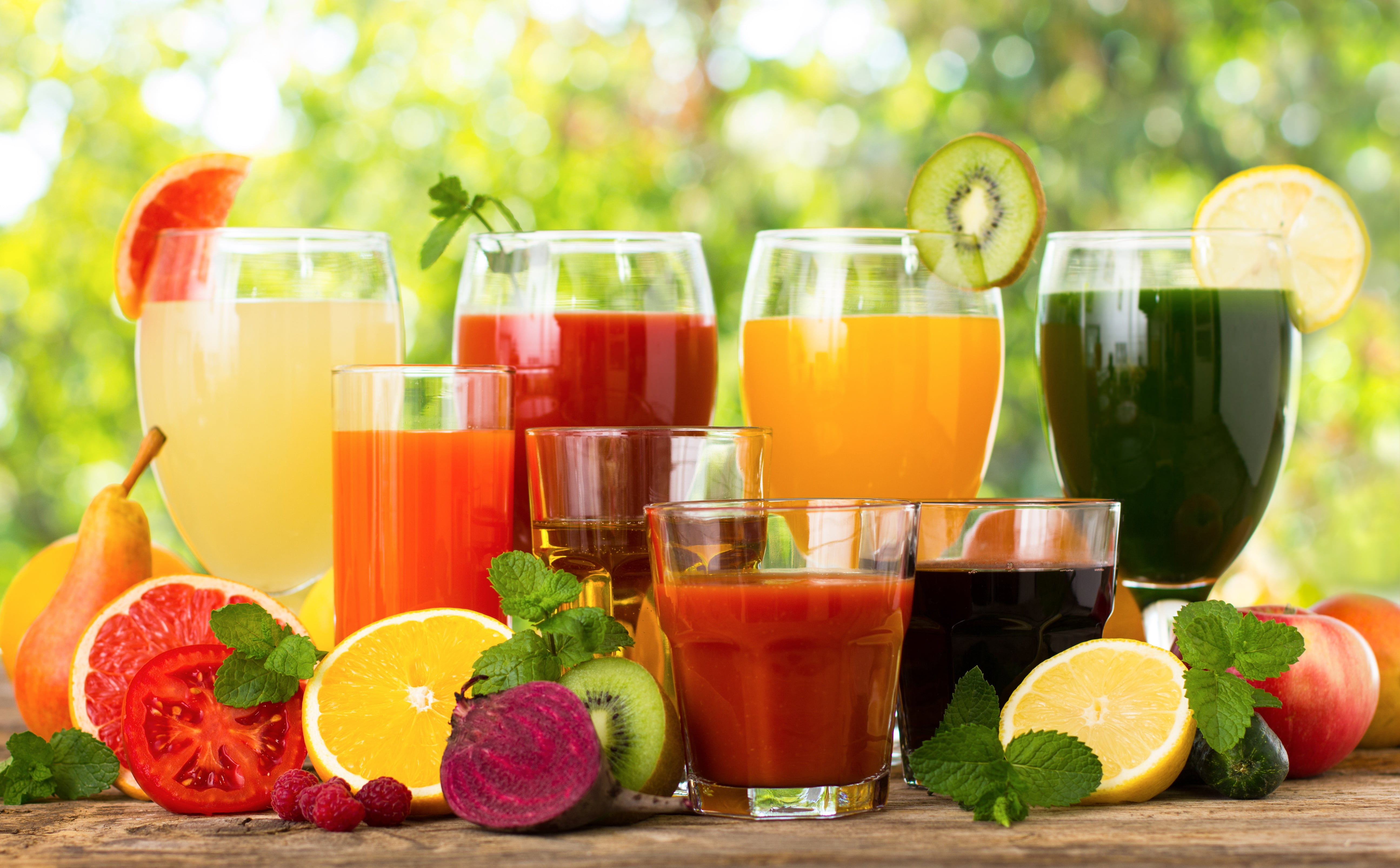 background, vegetables, greens, berries, 5K, glasses, fruit, bokeh, juices, glare, cocktails, HD Wallpaper