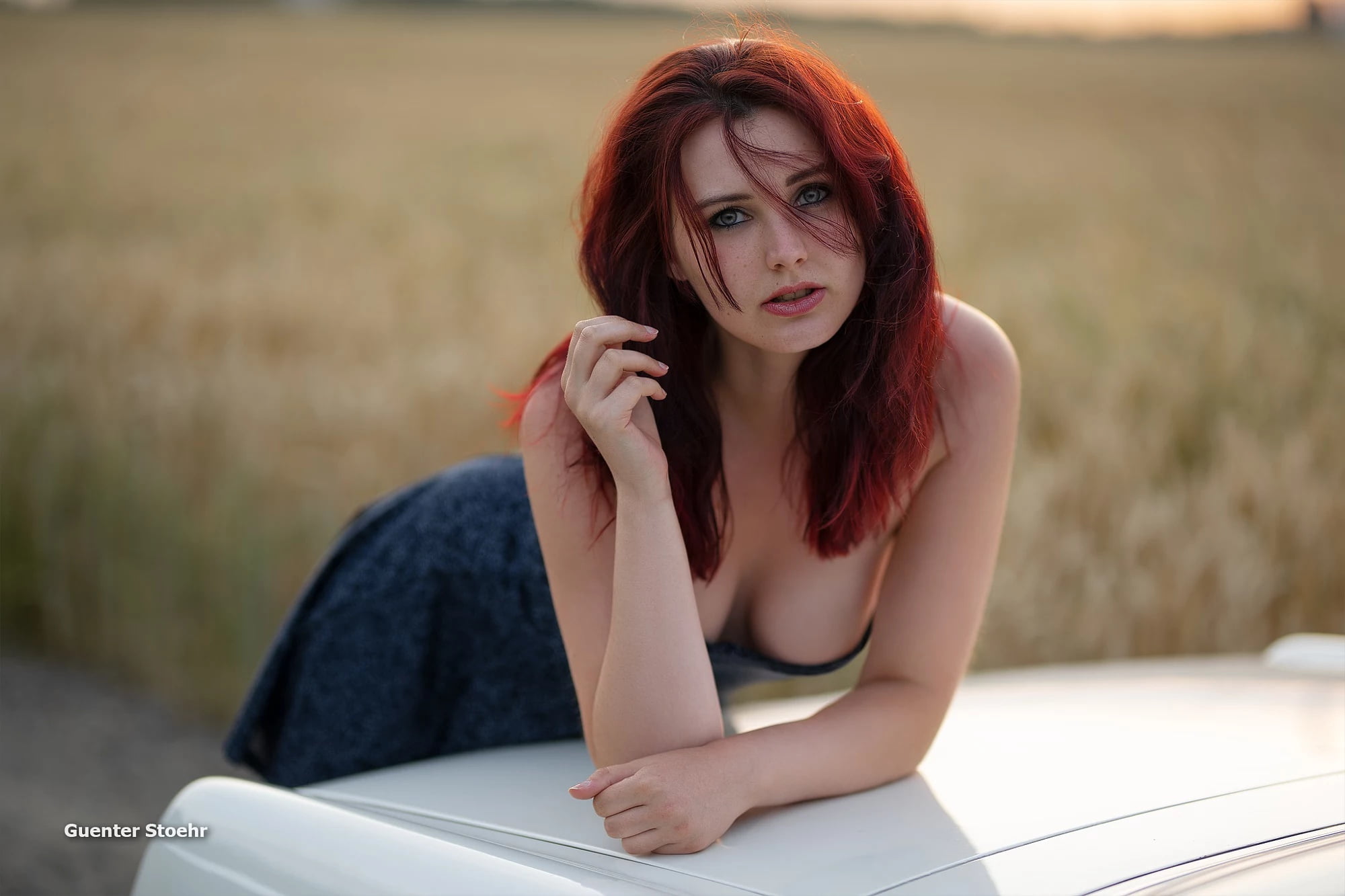 chest, Guenter Stoehr, Girl, dress, red, hair, pose, machine, 1080P, HD Wallpaper