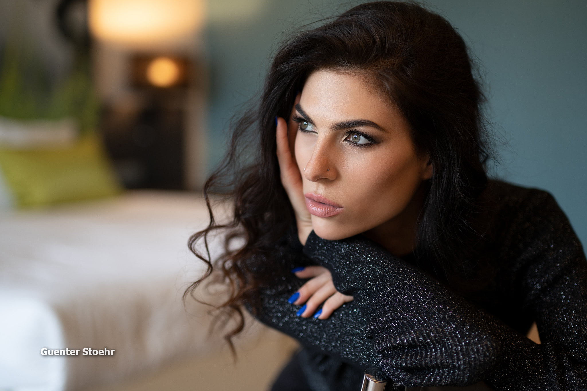 blue nails, piercing, women, brunette, dark hair, Guenter Stoehr, 1080P, Kseniya Glava, pierced nose, HD Wallpaper