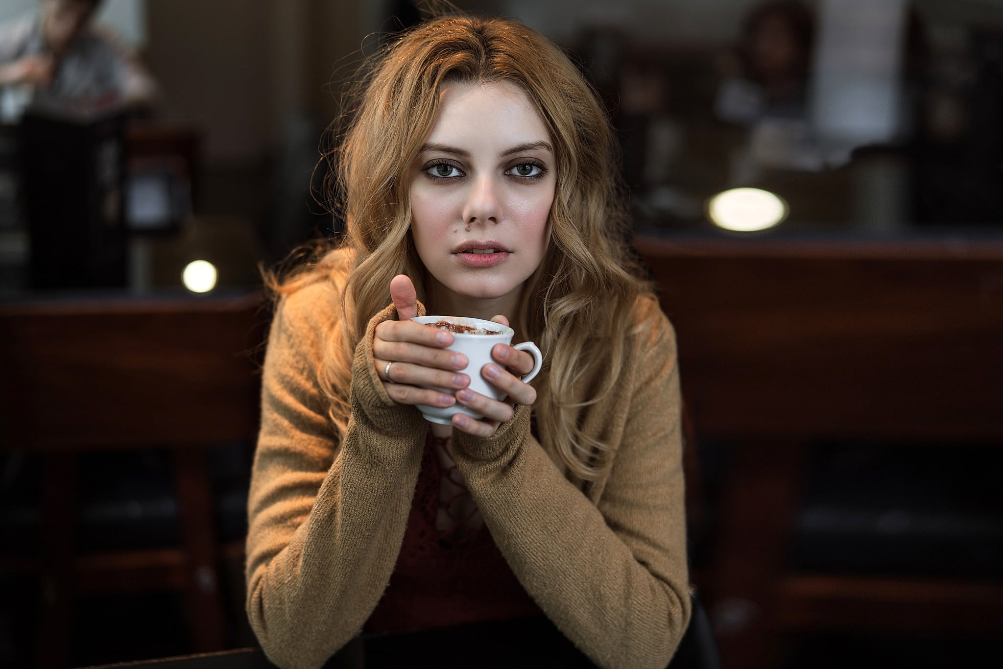 hairstyle, portrait, brown hair, look, makeup, sitting, bokeh, model, Alexandra, at the table, Daria Klepikova, 1080P, Cup, pose, HD Wallpaper