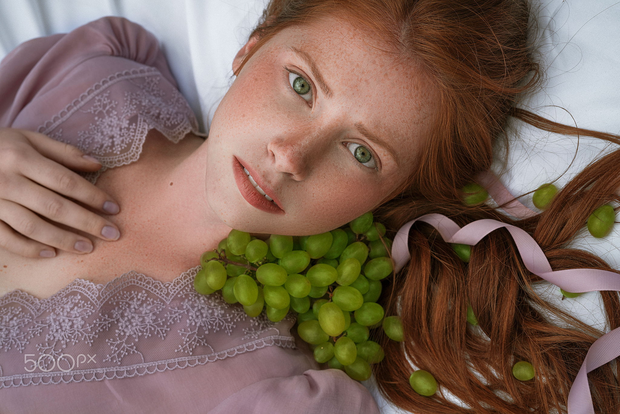 food, women, top view, frown, fruit, freckles, green eyes, portrait, looking at viewer, redhead, grapes, open mouth, Daria Klepikova, 1080P, dress, HD Wallpaper