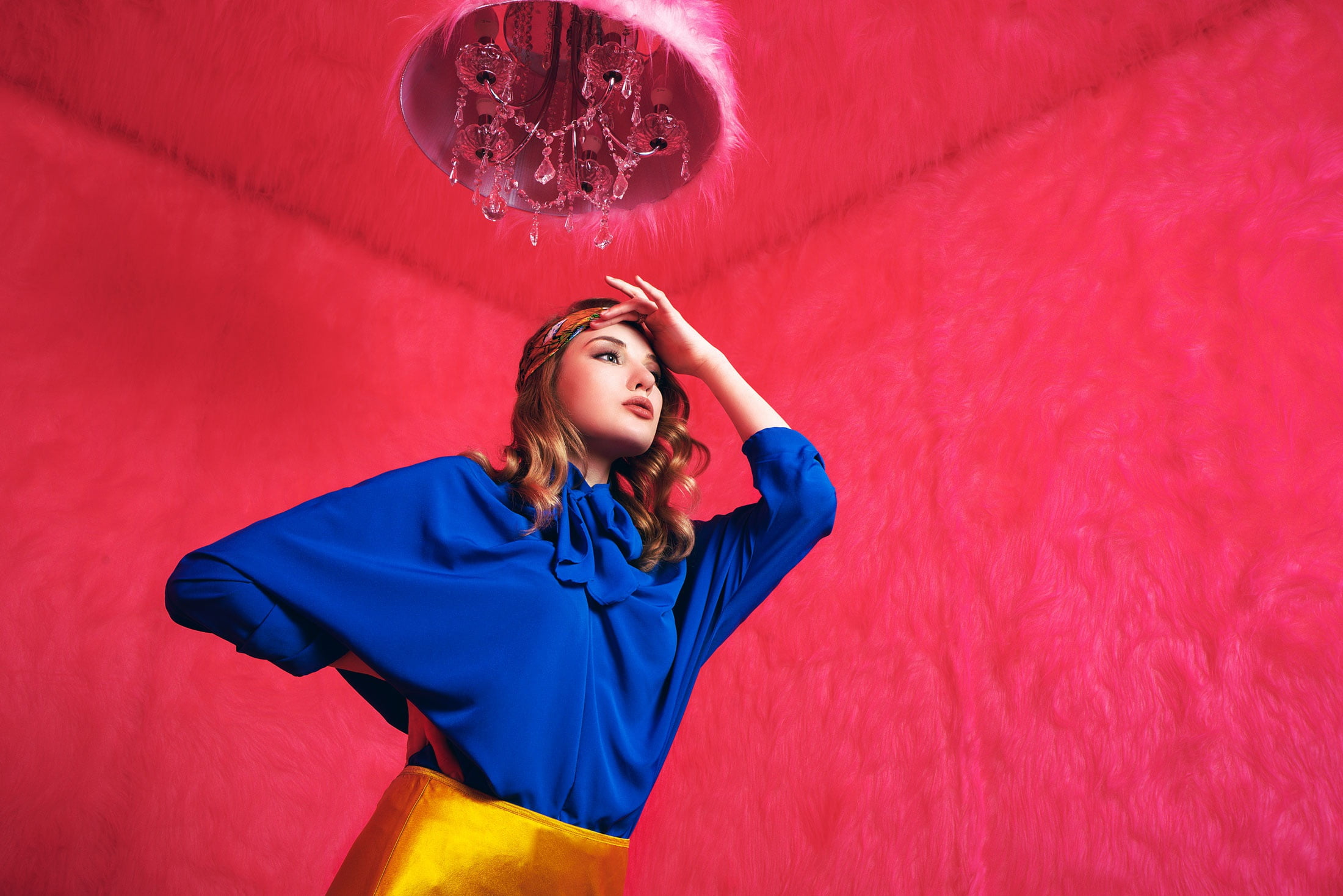 girl, style, меховые стены, Daria Klepikova, 1080P, blouse, chandelier, pose, HD Wallpaper