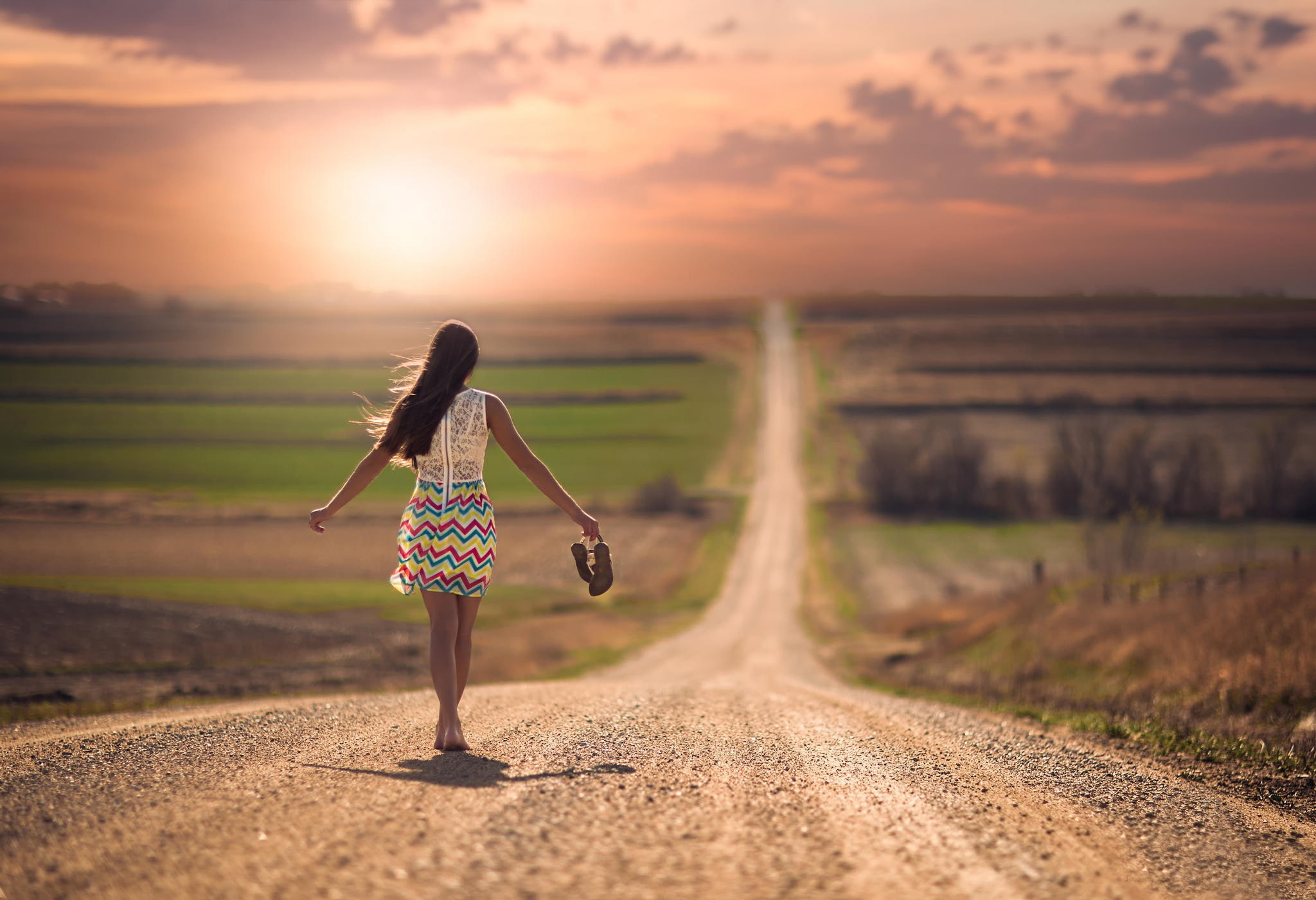 barefoot, road, space, image download, 1080P, girl, HD Wallpaper