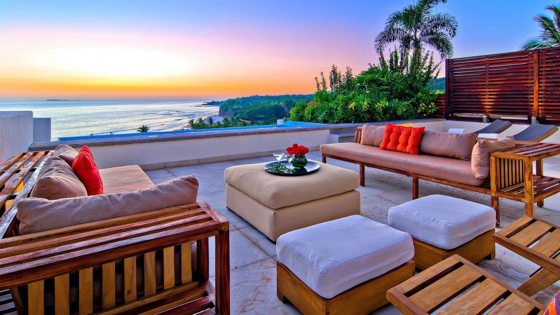 architecture, luxury, wealth, water, table, sky, sea, building exterior, set, chair, 1080P, seat, no people, tree, beach, pillow, sunset, fabric, nature, HD Wallpaper