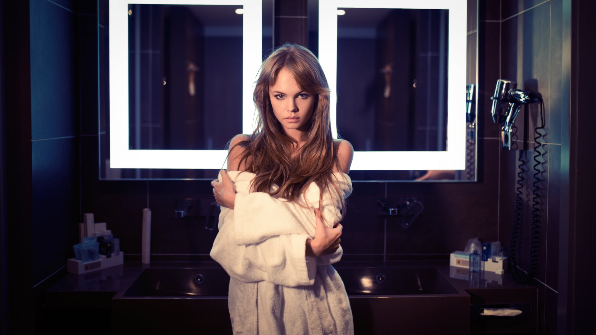 model, women, waist up, pink lipstick, reflection, Anastasia Scheglova, indoors, beauty, real people, long hair, young women, bathrobes, blue eyes, lifestyles, HD Wallpaper