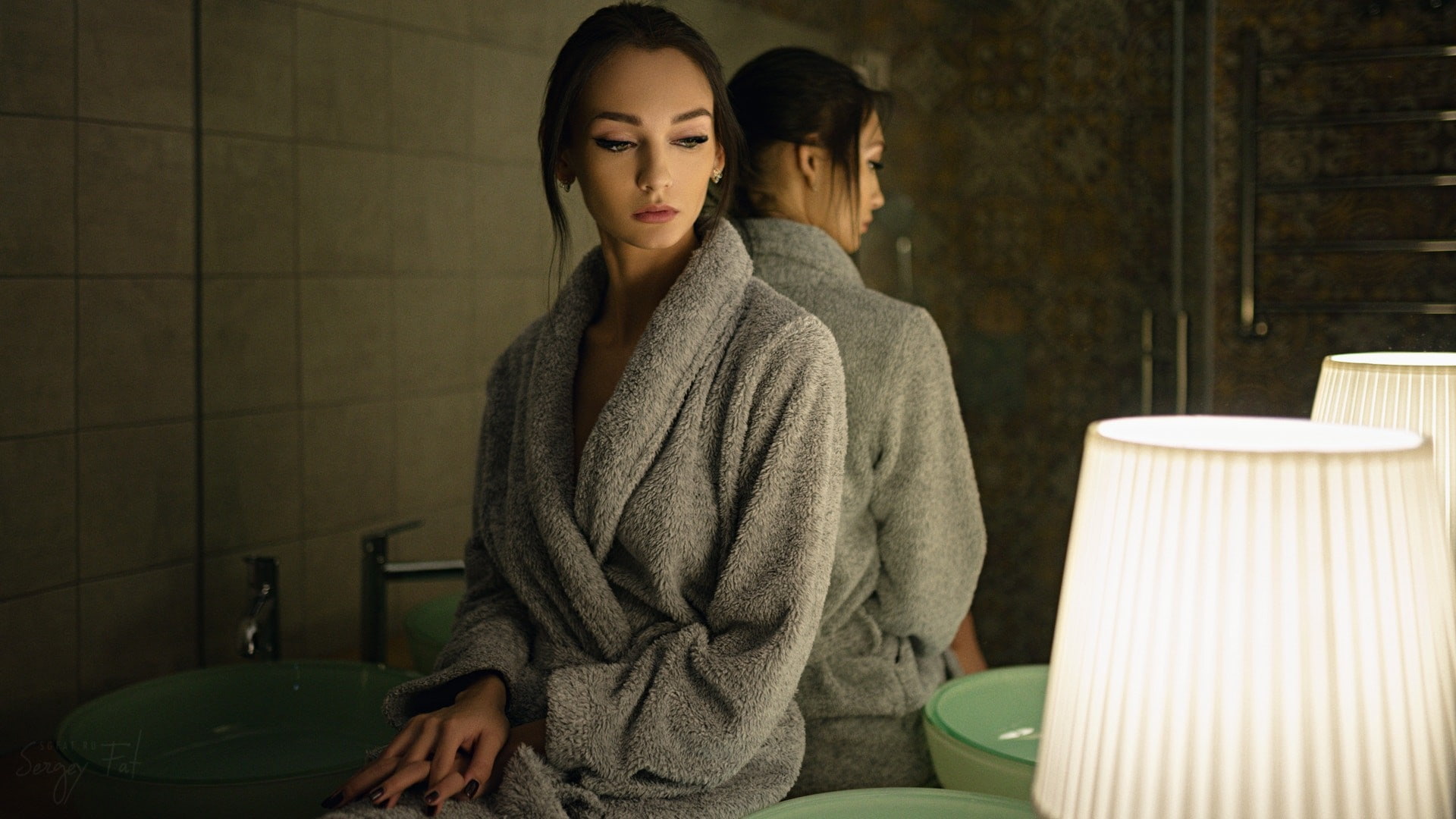 lamp, mirror, black nails, looking away, reflection, portrait, women, Sergey Fat, 1080P, Kseniya Alekseevskaya, bathrobes, HD Wallpaper