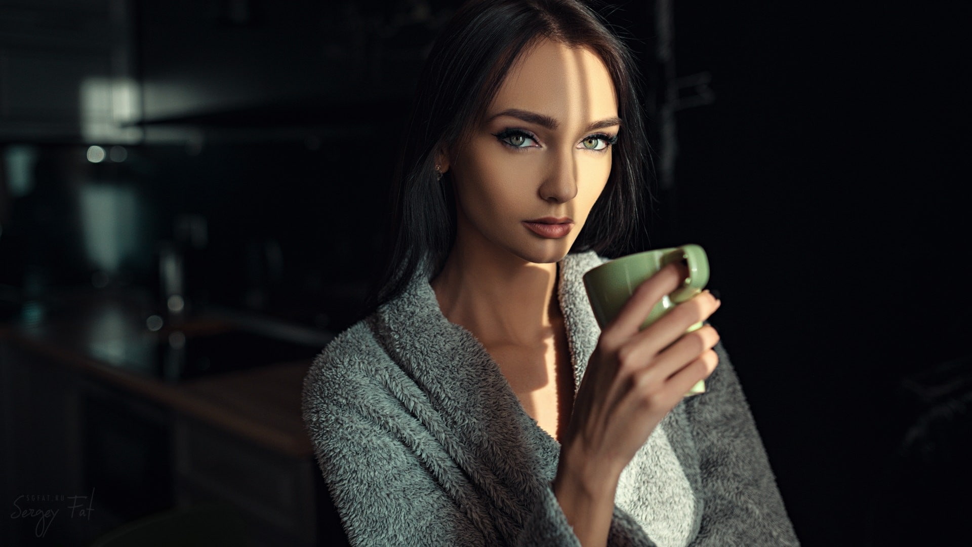 brunette, 1080P, model, eyes, women, long hair, straight hair, women indoors, looking at viewer, Kseniya Alekseevskaya, face, bathrobes, Sergey Fat, HD Wallpaper
