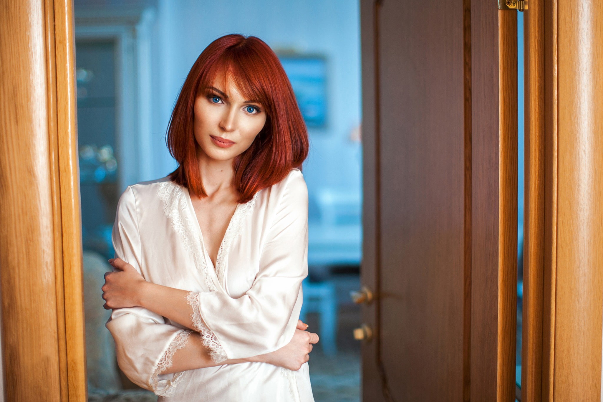 women, portrait, bathrobes, redhead, depth of field, Liliya Sergeeva, blue eyes, 1080P, HD Wallpaper