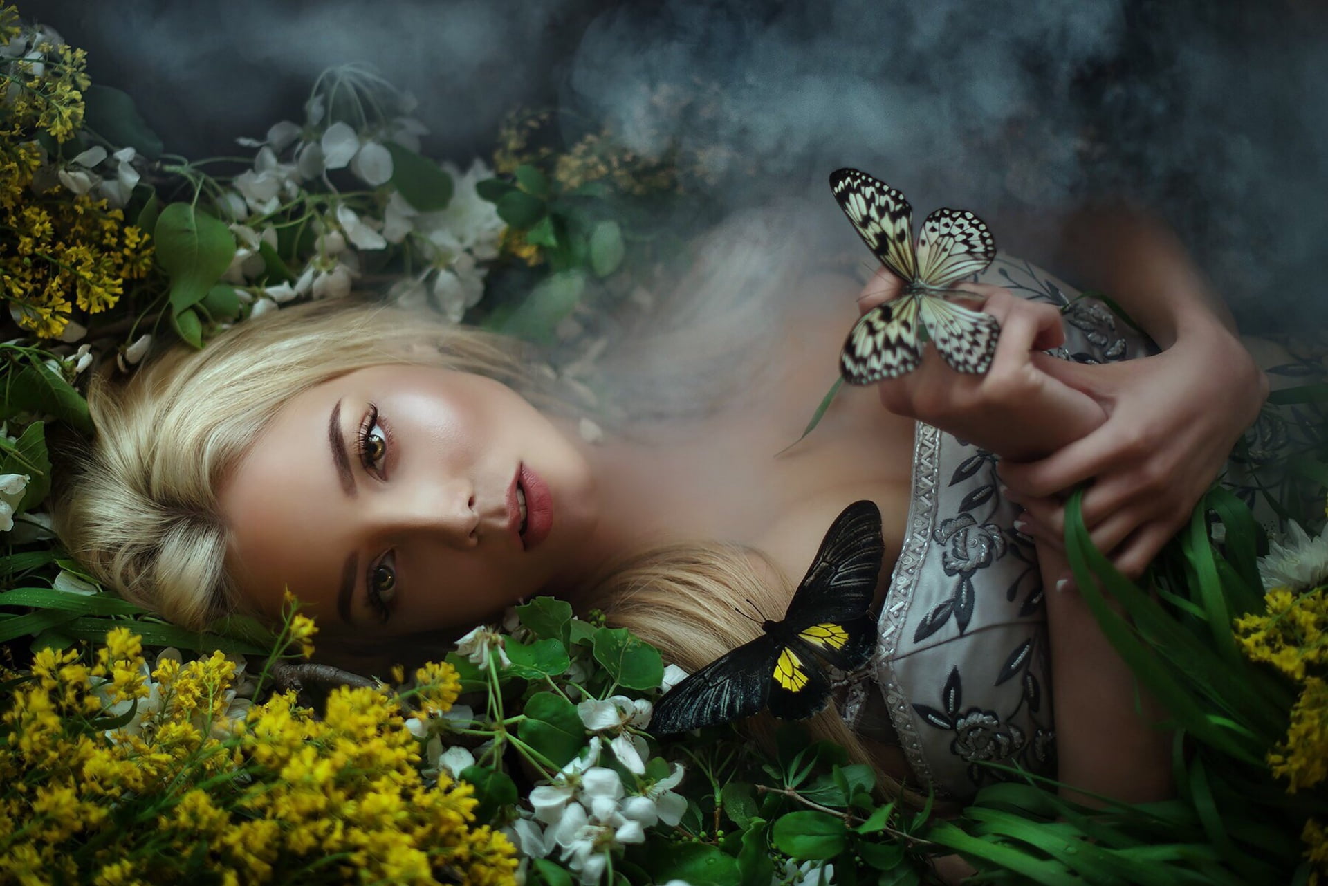 Butterfly, smoke, 1080P, lies, Maria Lipina, dress, Katerina Shiryaeva, HD Wallpaper
