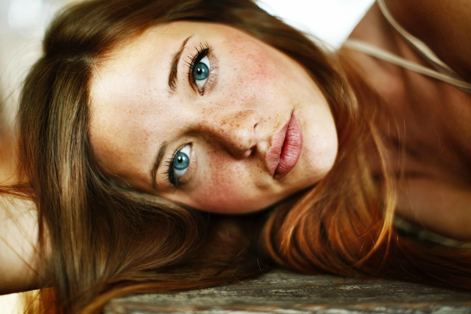headshot, beauty, freckles, hair, body part, young women, brown hair, human body part, hairstyle, lying down, brunette, depression - sadness, long hair, HD Wallpaper