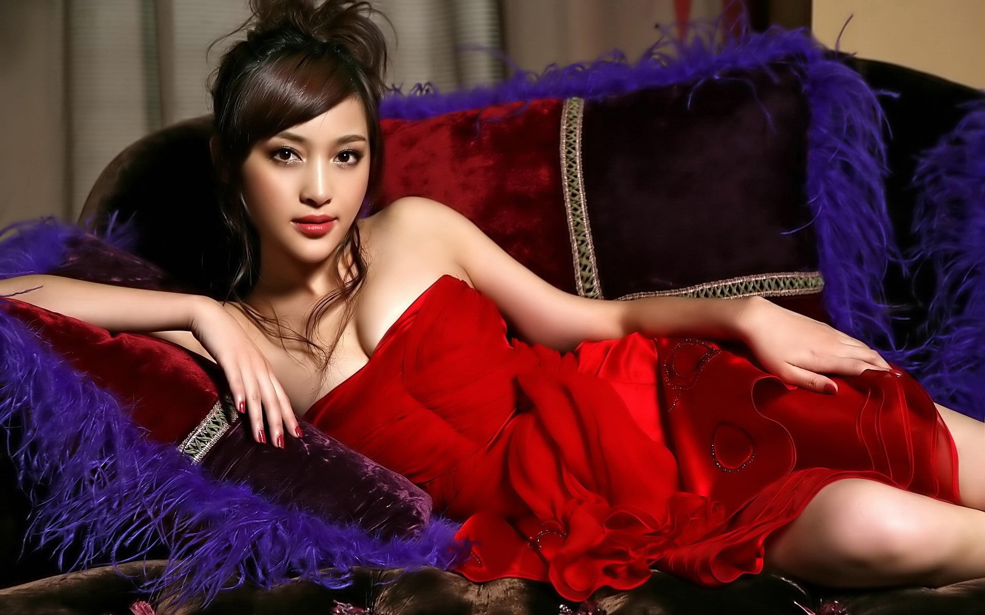 portrait, red lipstick, lifestyles, young adult, women, looking at viewer, red, painted nails, indoors, lying down, adult, Asian, red dress, beautiful woman, HD Wallpaper