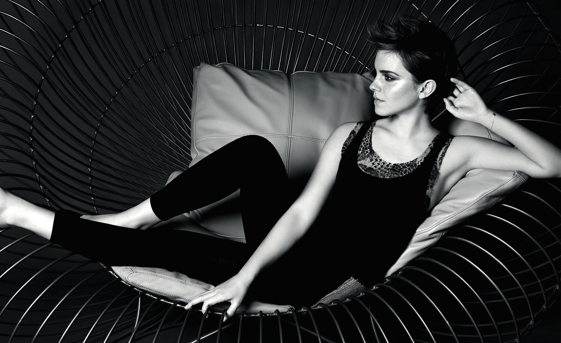 lifestyles, monochrome, three quarter length, one person, young adult, front view, real people, sofa, Emma Watson, top, indoors, beautiful woman, sitting, HD Wallpaper