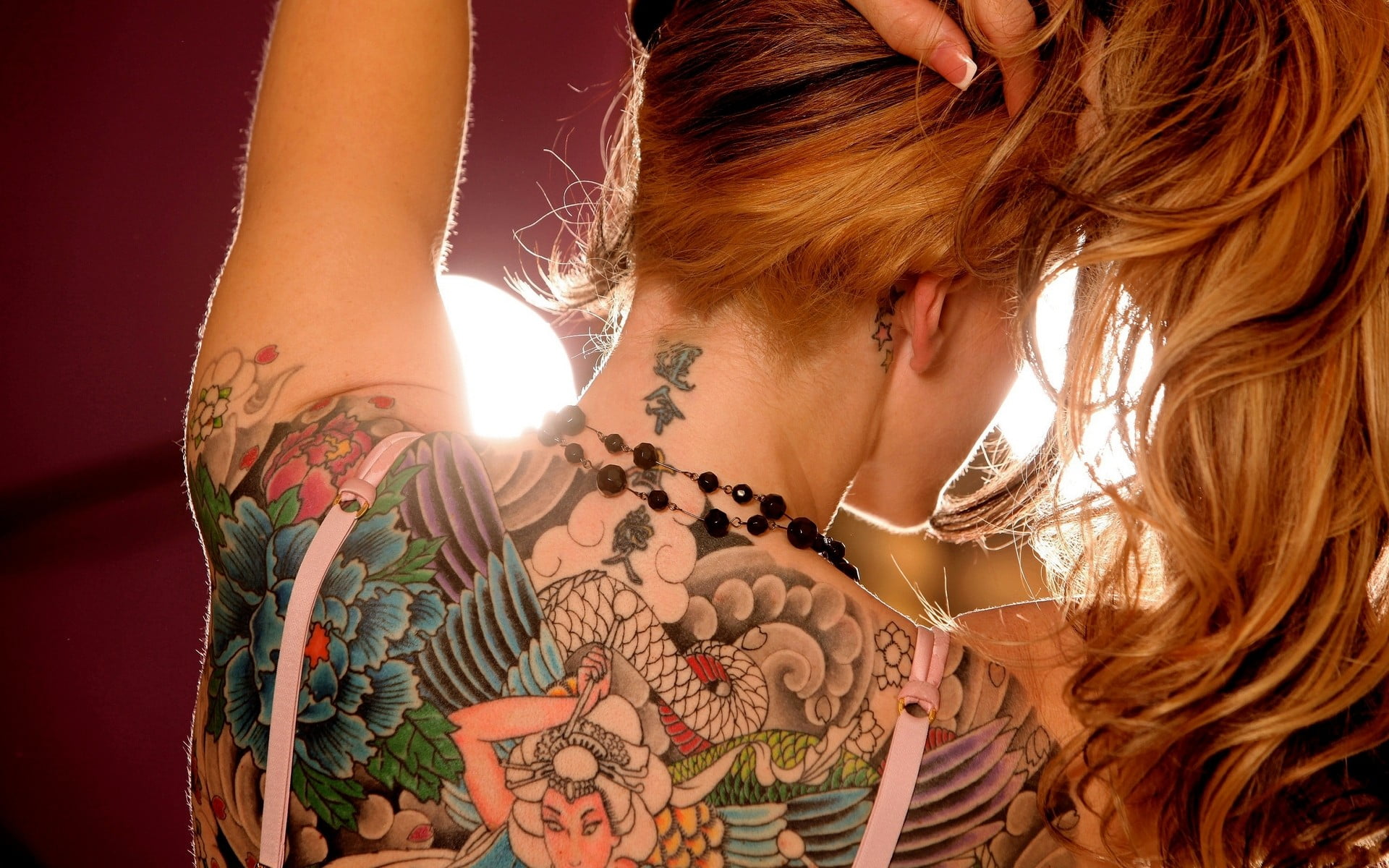 redhead, tattoo, hairstyle, back, beautiful woman, portrait, headshot, lifestyles, human body part, real people, 1080P, leisure activity, indoors, adult, HD Wallpaper