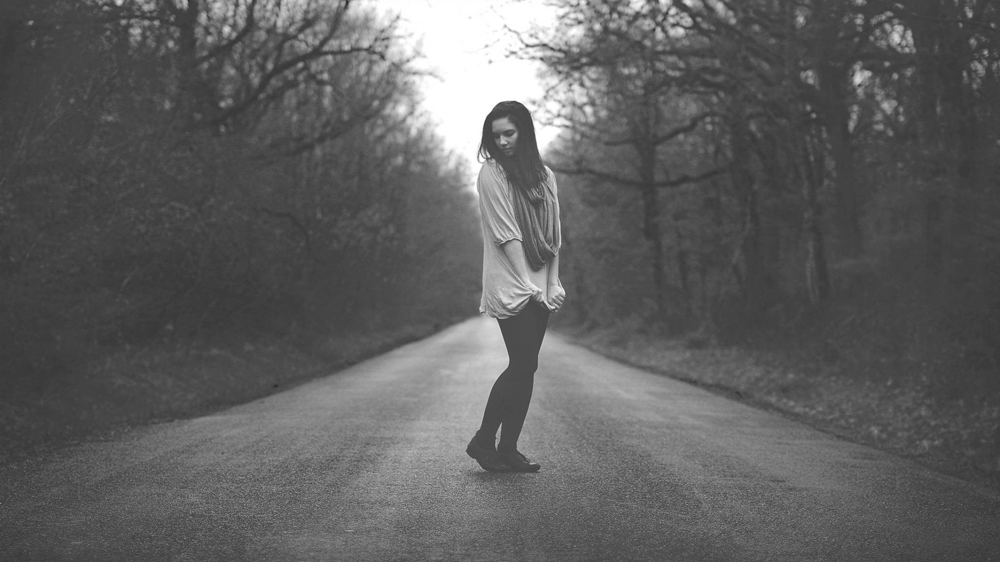 one person, outdoors, full length, women, gray, tree, black, young adult, monochrome, plant, hair, alone, top, s, long hair, road, day, lifestyles, nature, HD Wallpaper