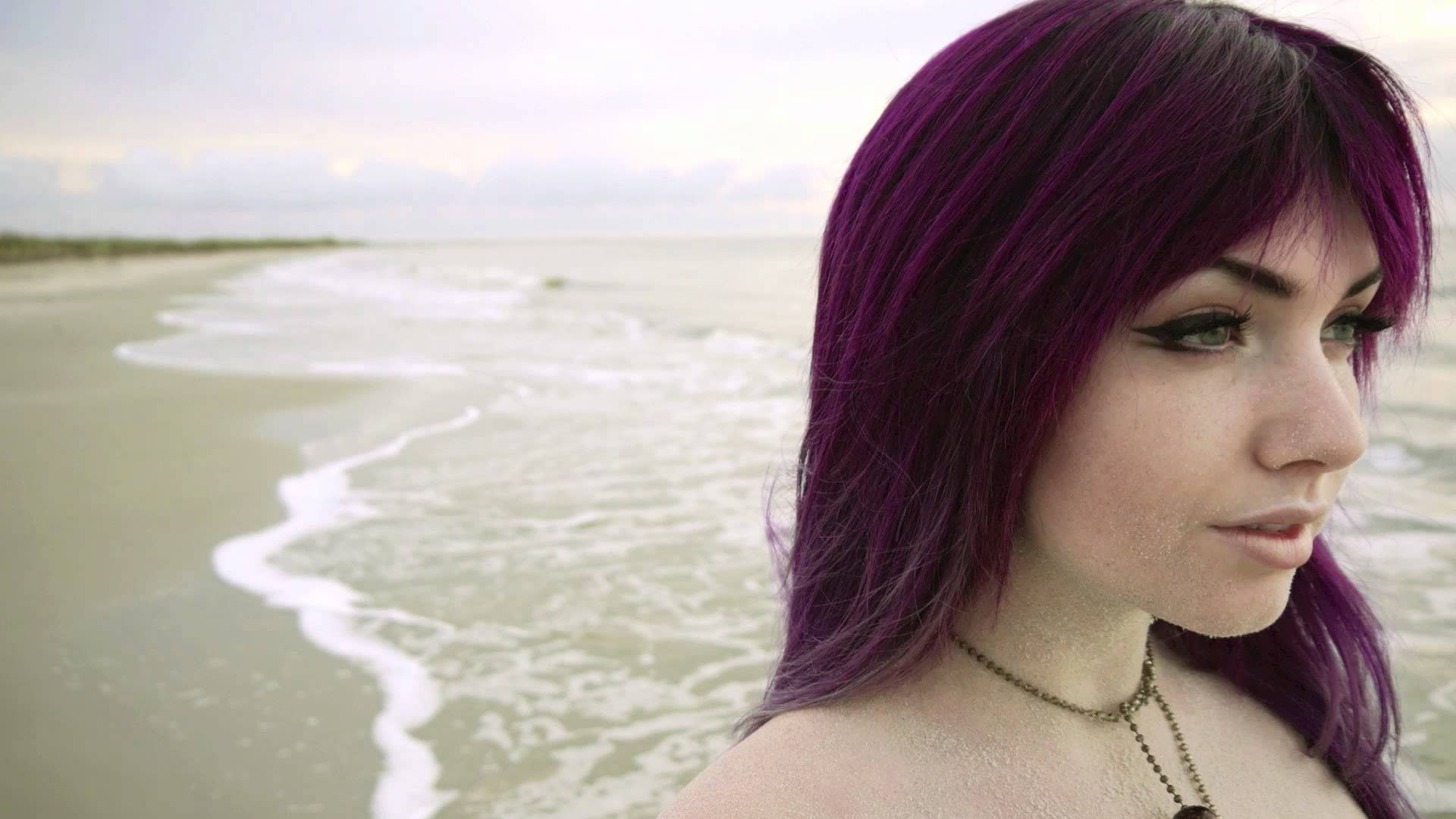 hair, beautiful woman, looking, beauty, outdoors, 1080P, Purple Hair, hairstyle, Amateur, clouds, nature, headshot, adult, sand, water, beach, women, profile view, HD Wallpaper
