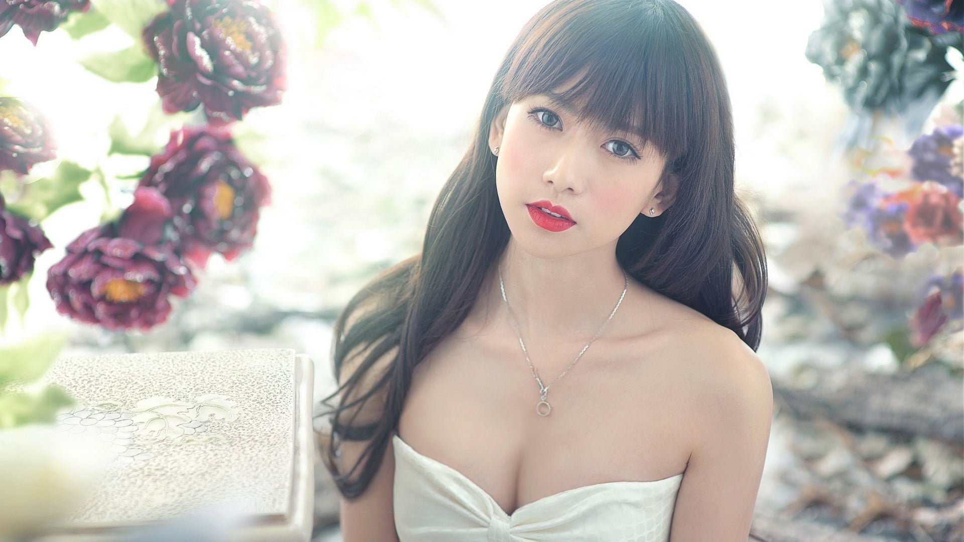 contemplation, adult, hairstyle, Asian, headshot, white dress, beautiful woman, young women, lipstick, plant, portrait, young adult, hair, front view, fashion, HD Wallpaper