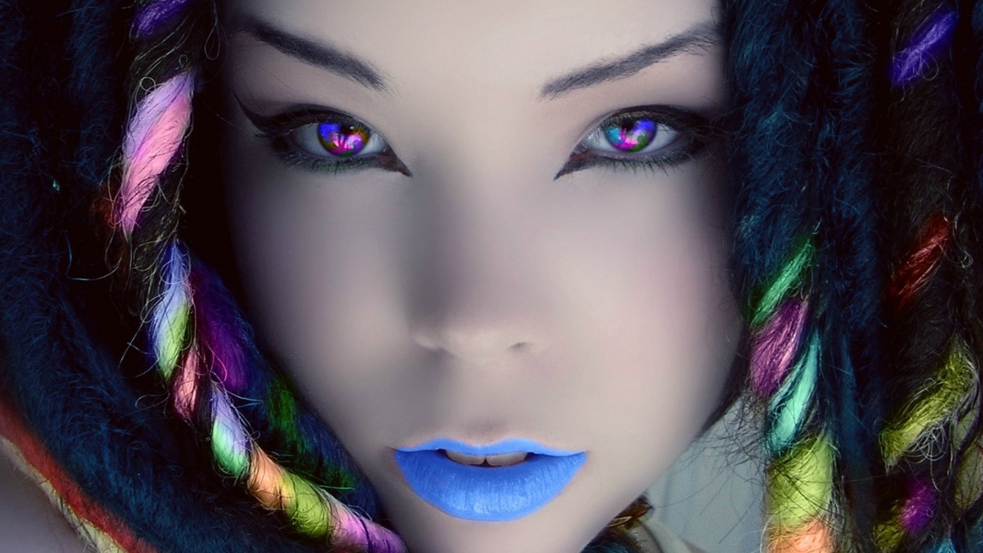 colorful, eyes, dyed hair, 1080P, dreadlocks, women, Suzy Berhow, digital art, closeup, face, HD Wallpaper