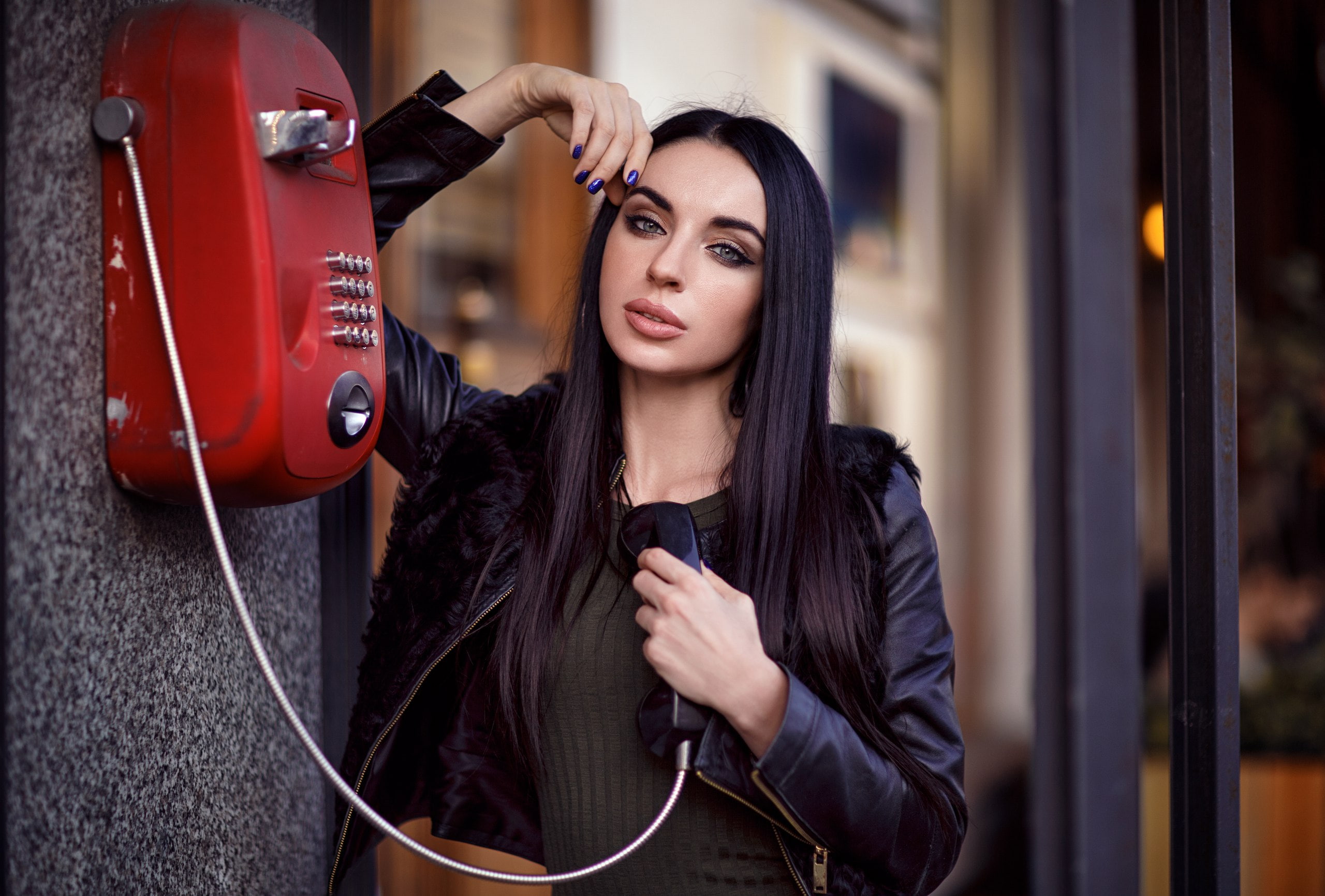 leather jackets, face, brunette, jacket, Hakan Erenler, women outdoors, blue eyes, long hair, 2K, Darina Rogacheva, eyeshadow, women, portrait, HD Wallpaper