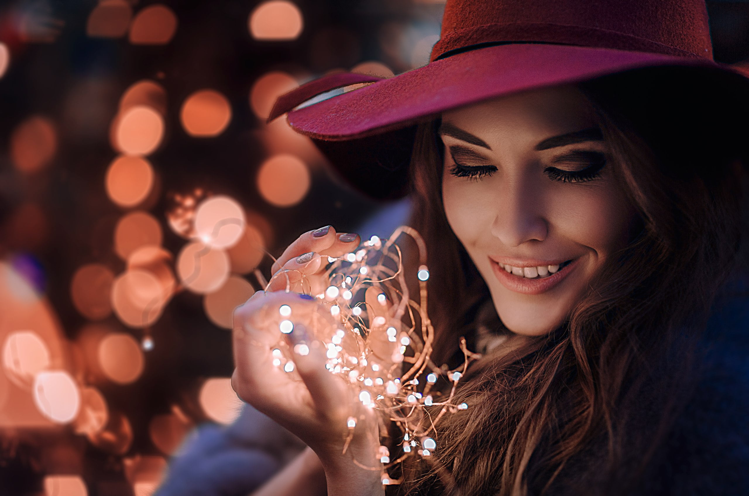 headshot, one person, lifestyles, lights, women outdoors, eyeshadow, 2K, face, looking, human face, young women, cheerful, adult, long hair, clothing, HD Wallpaper