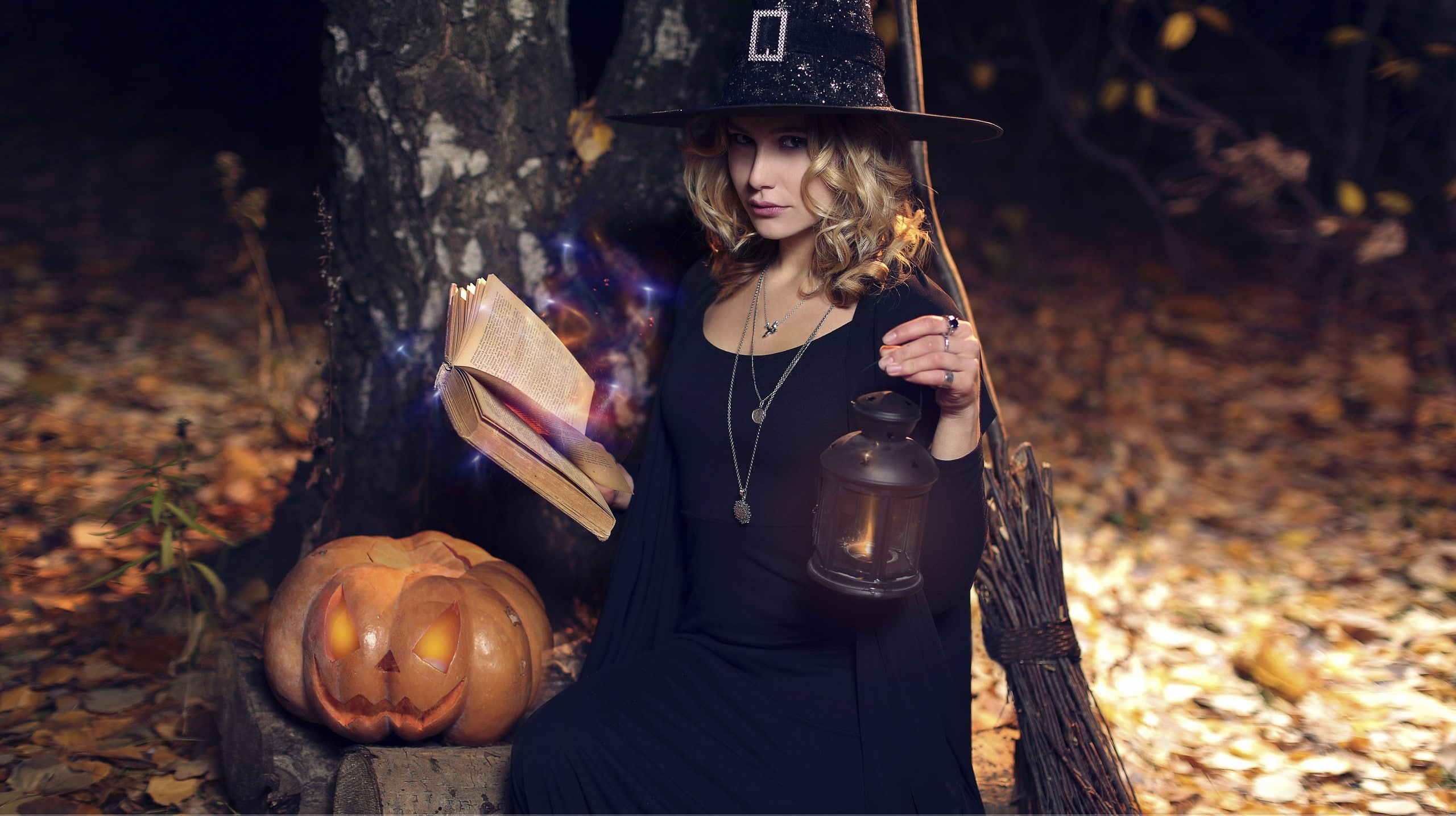 witch, Halloween, 2K, lantern, girl, book, Hakan Erenler, broom, pumpkin, HD Wallpaper