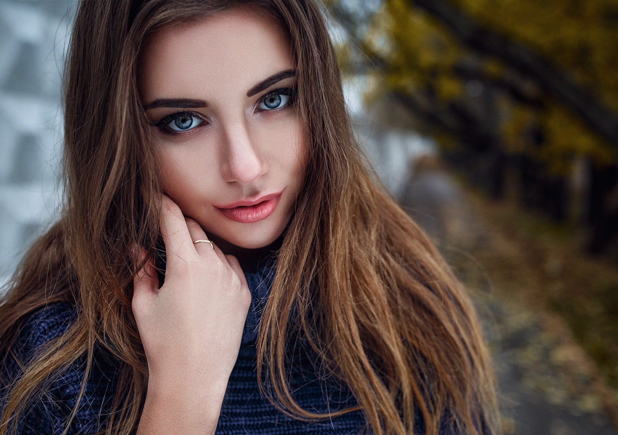 mouth, hand, lips, model, blue eyes, 1080P, ring, brown, depth of field, Daria Kodaneva, long hair, Hakan Erenler, girl, face, sweater, portrait, photo, HD Wallpaper