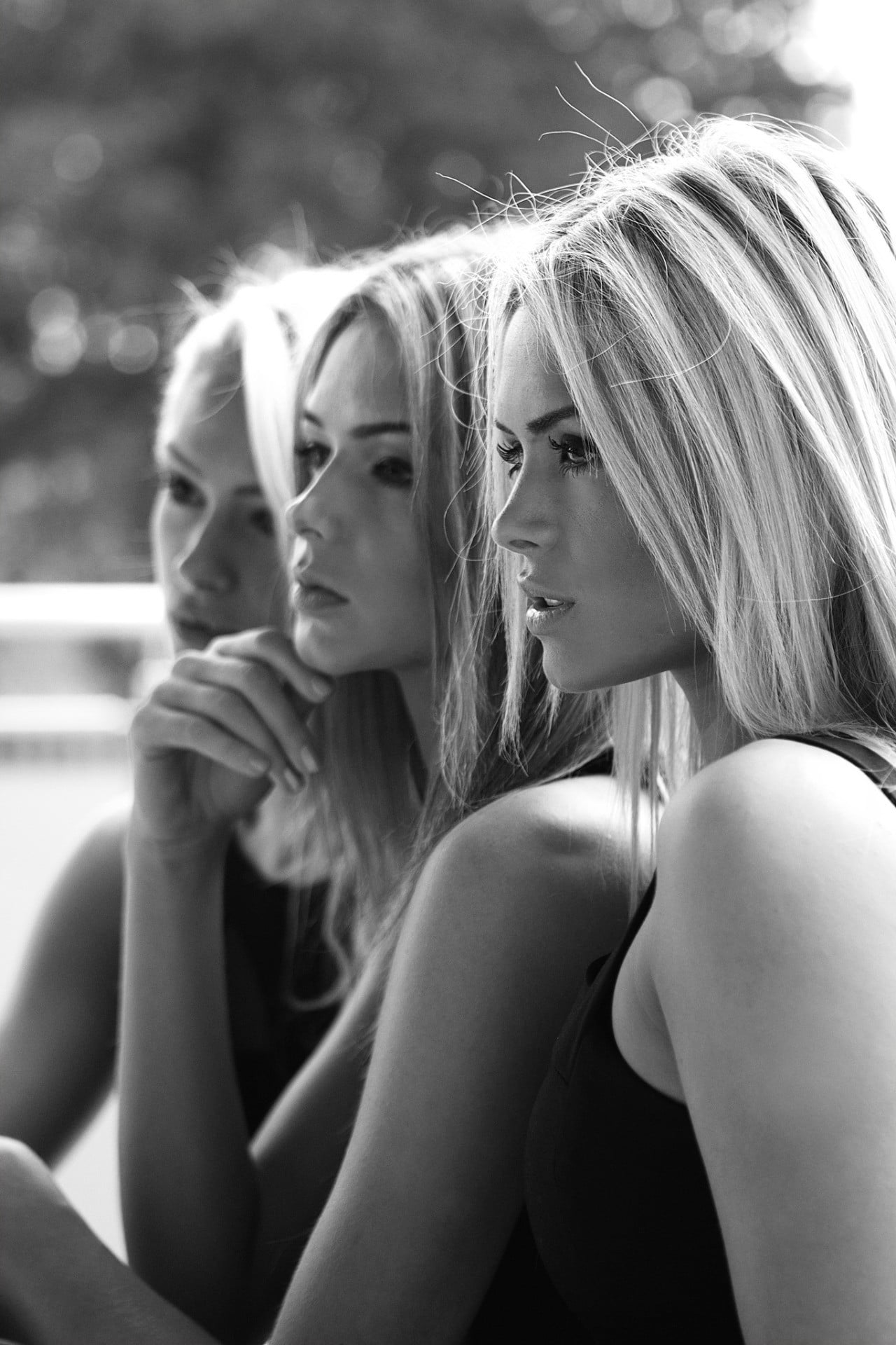 1080P, contemplation, portrait display, sitting, sisters, fashion, Bernie Bee, bare shoulders, beautiful people, black dress, face, Daniela Retegan, Retegan Sisters, Phone HD Wallpaper