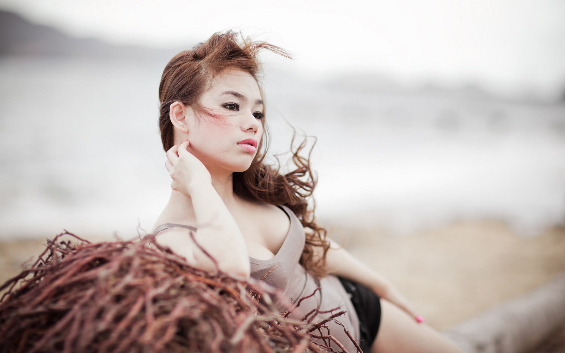 women, depth of field, lying, gray, redhead, fashion, young adult, maroon, beach, camisole, 1080P, woman, one person, water, beautiful woman, portrait, HD Wallpaper