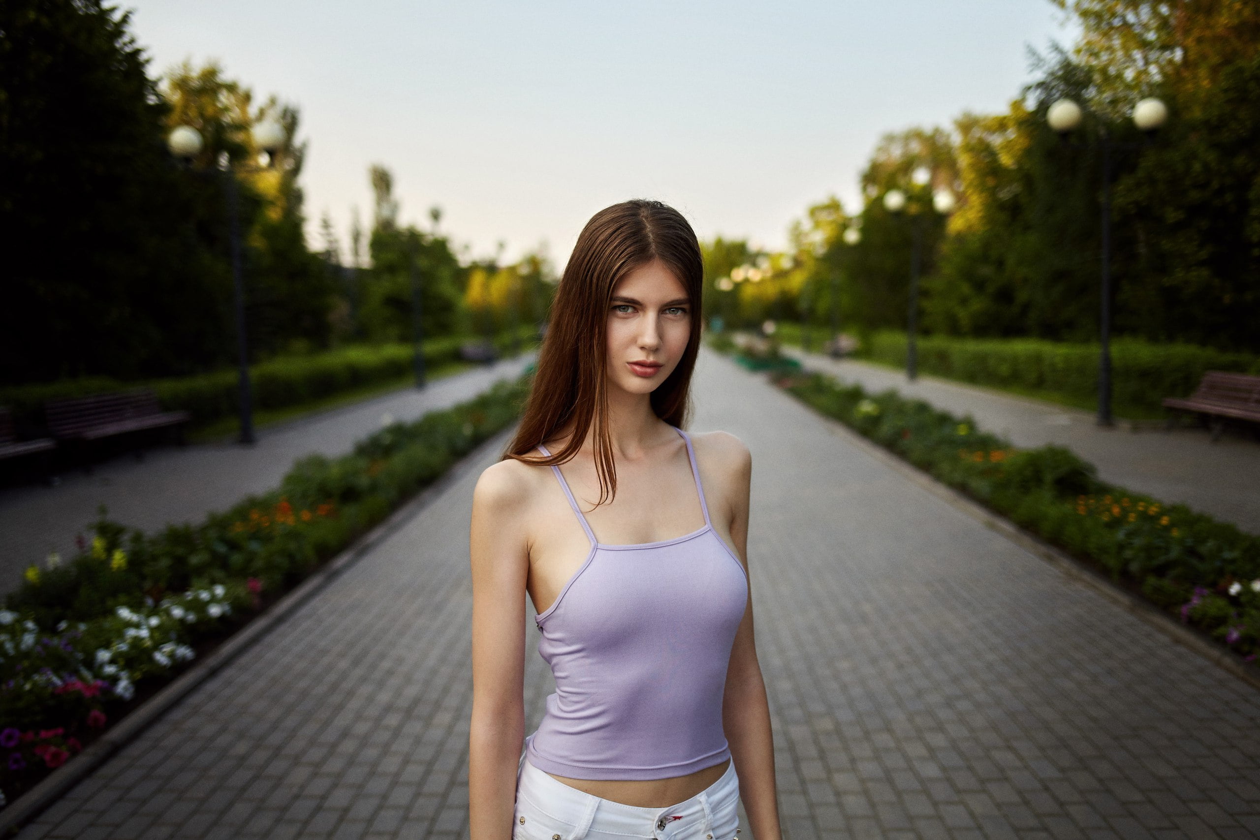 tree, looking at camera, depth of field, hairstyle, one person, purple, 2K, beautiful woman, sky, clothing, waist up, nature, young adult, portrait, standing, HD Wallpaper