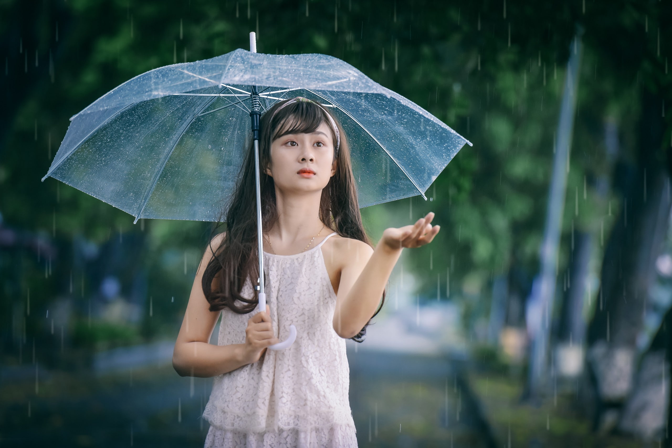 women outdoors, urban, women, Asian, long hair, outdoors, brunette, rain, camisole, umbrella, 2K, looking away, hair band, model, HD Wallpaper