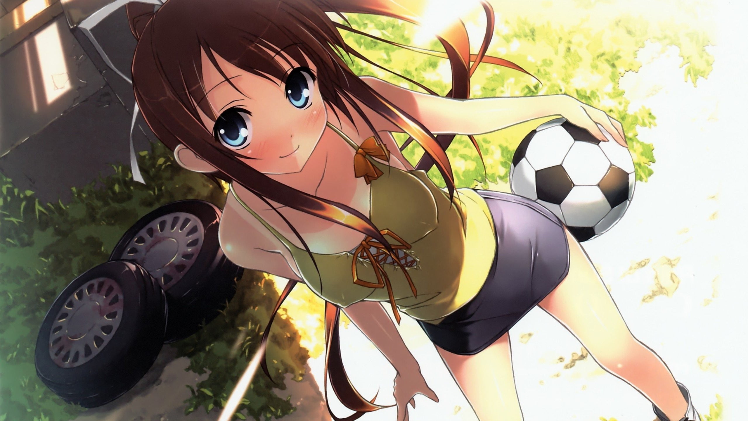 animal themes, ball, outdoors, smiling, girl, wearing, Tanlines, sports equipment, 2K, plant, team sport, close-up, kantoku, soccer, anime girls, no people, HD Wallpaper
