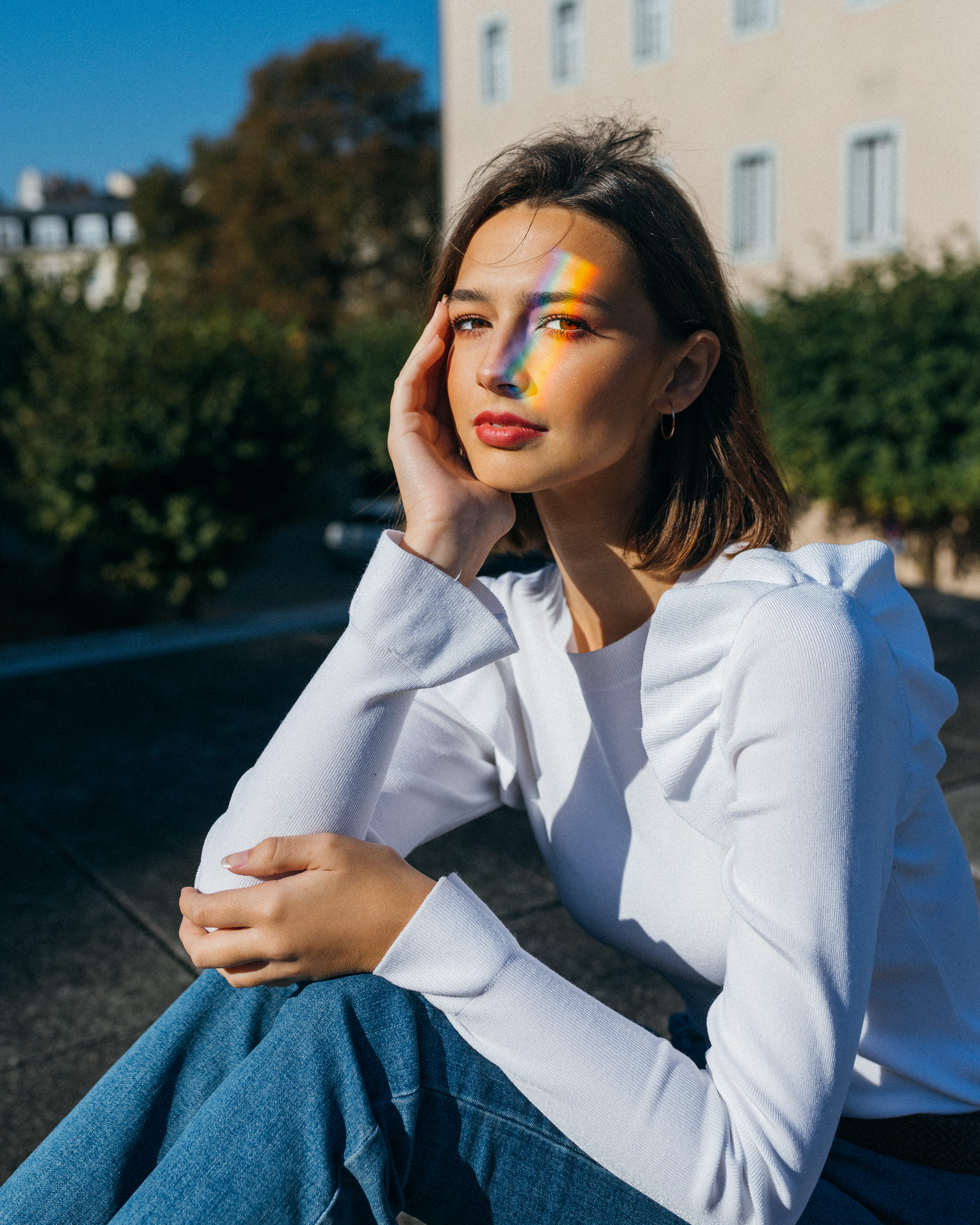 adult, contemplation, built structure, sitting, pretty, beside, brunette, building exterior, women, looking, one person, posing, woman, portrait, 4K, face, Phone HD Wallpaper