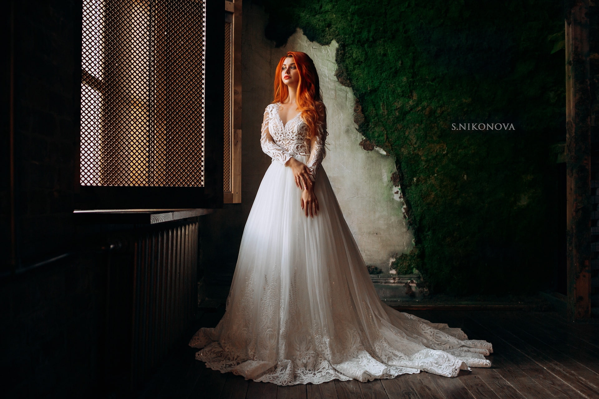 1080P, life events, model, newlywed, bride, full length, wedding dress, young adult, looking away, Svetlana Nikonova, clothing, standing, indoors, lifestyles, HD Wallpaper