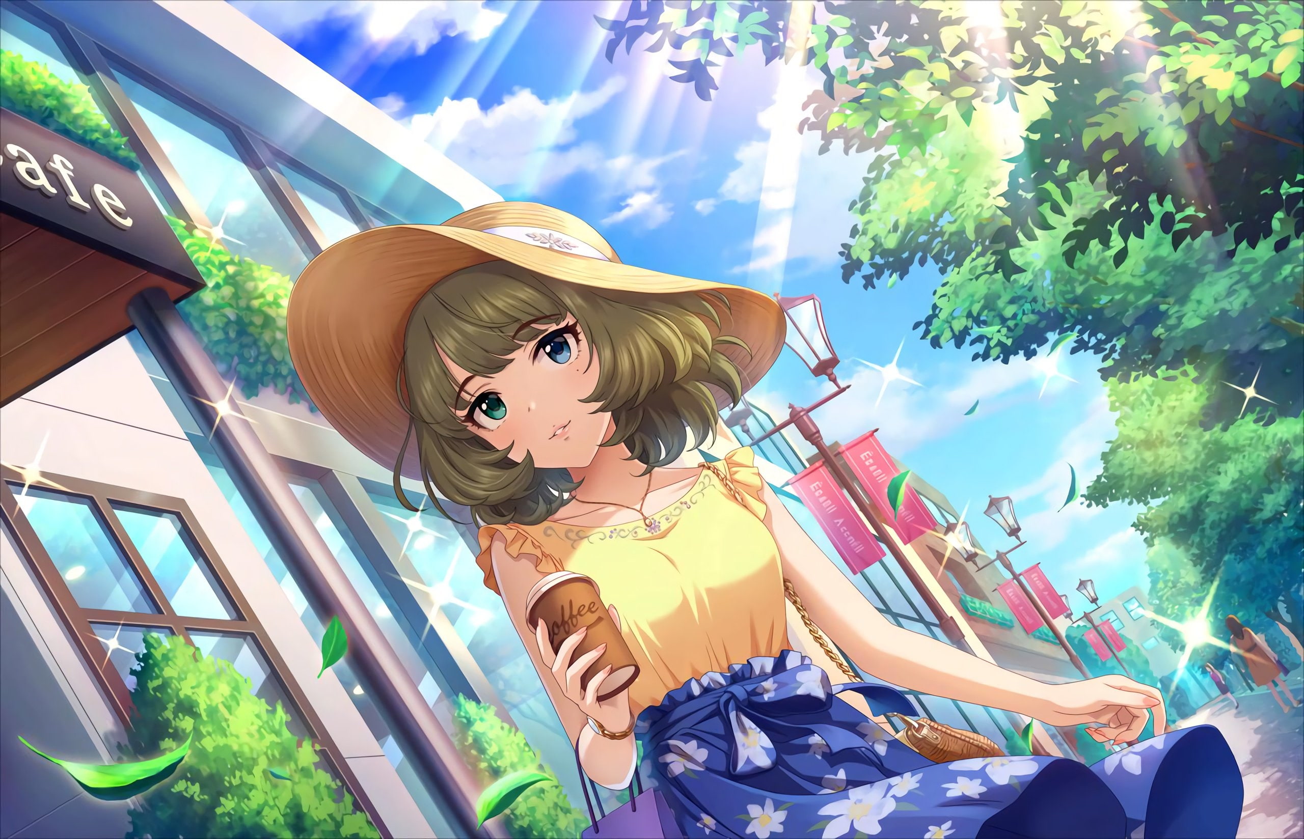 2K, leisure activity, representation, beautiful woman, takagaki kaede, straw hat, tree, the idolmaster cinderella girls, women, cloud - sky, nature, one person, HD Wallpaper