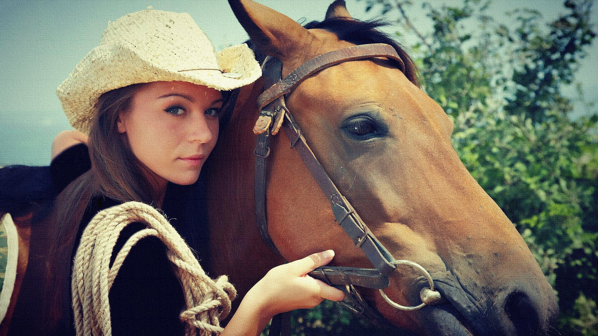 cowgirl, millinery, horse, real people, cow girl, women, pets, 1080P, Raisa, teenager, one person, Lily C, domestic, beige, s, portrait, photo manipulation, HD Wallpaper