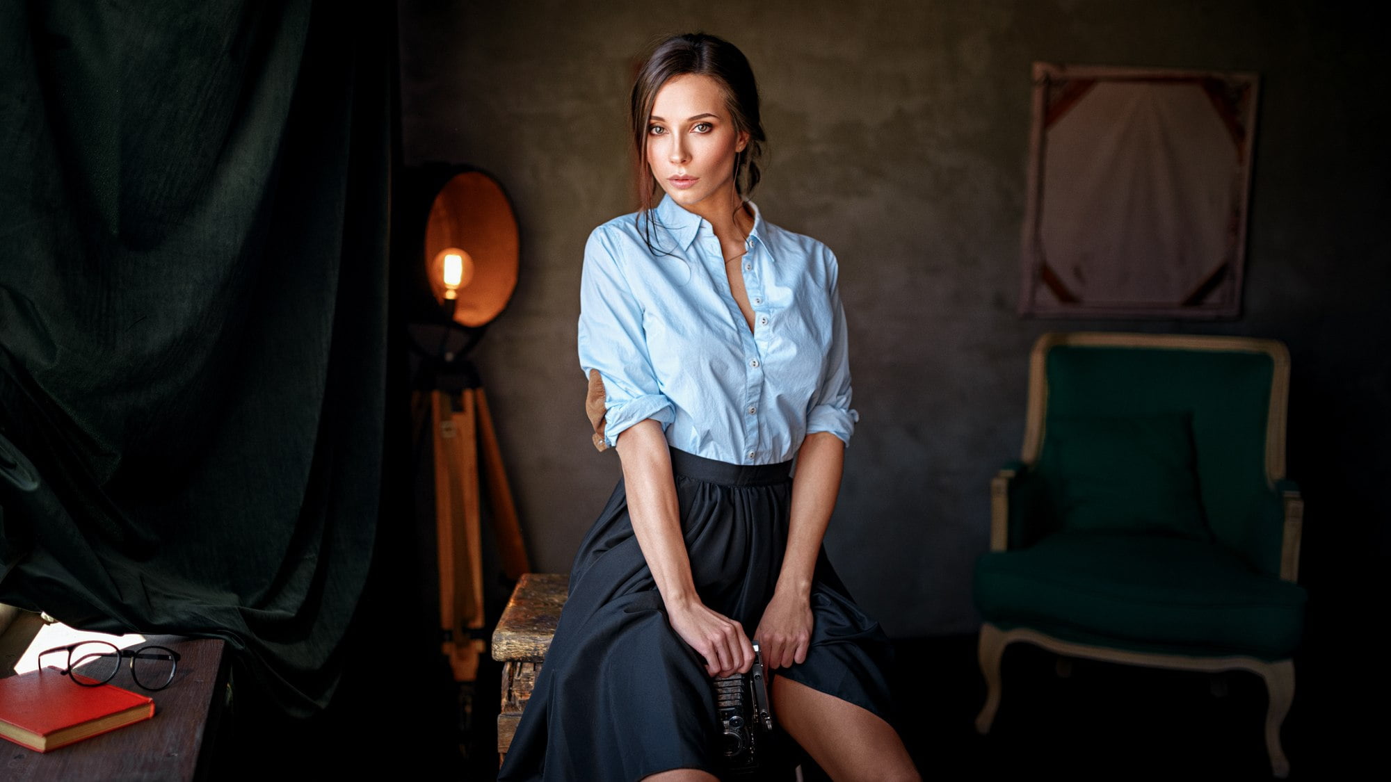 fashion, front view, lifestyles, hairstyle, Georgy Chernyadyev, standing, indoors, young adult, three quarter length, sitting, women, portrait, females, HD Wallpaper