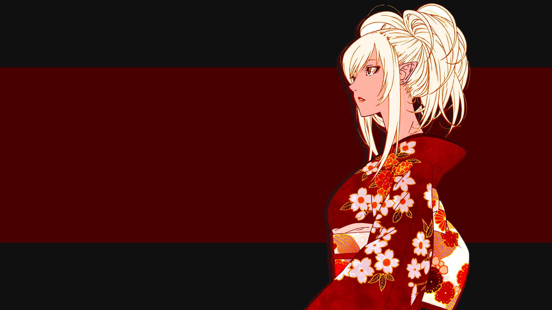 arts culture and entertainment, simple background, kimono, 1080P, one person, Monogatari Series, red background, women, Oshino Shinobu, shiny, looking at camera, HD Wallpaper