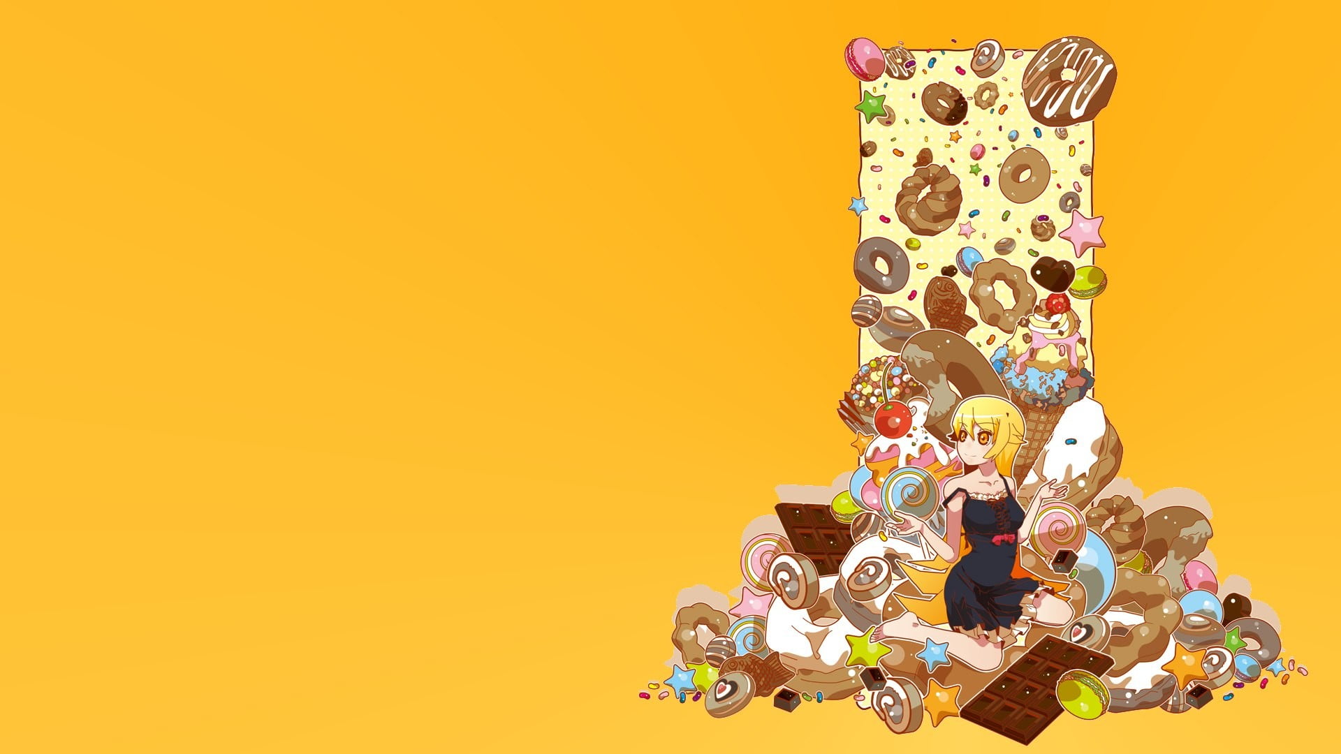 happiness, celebration, indoors, 1080P, anime, Monogatari Series, adult, people, togetherness, studio shot, human arm, donut, abundance, colored background, HD Wallpaper