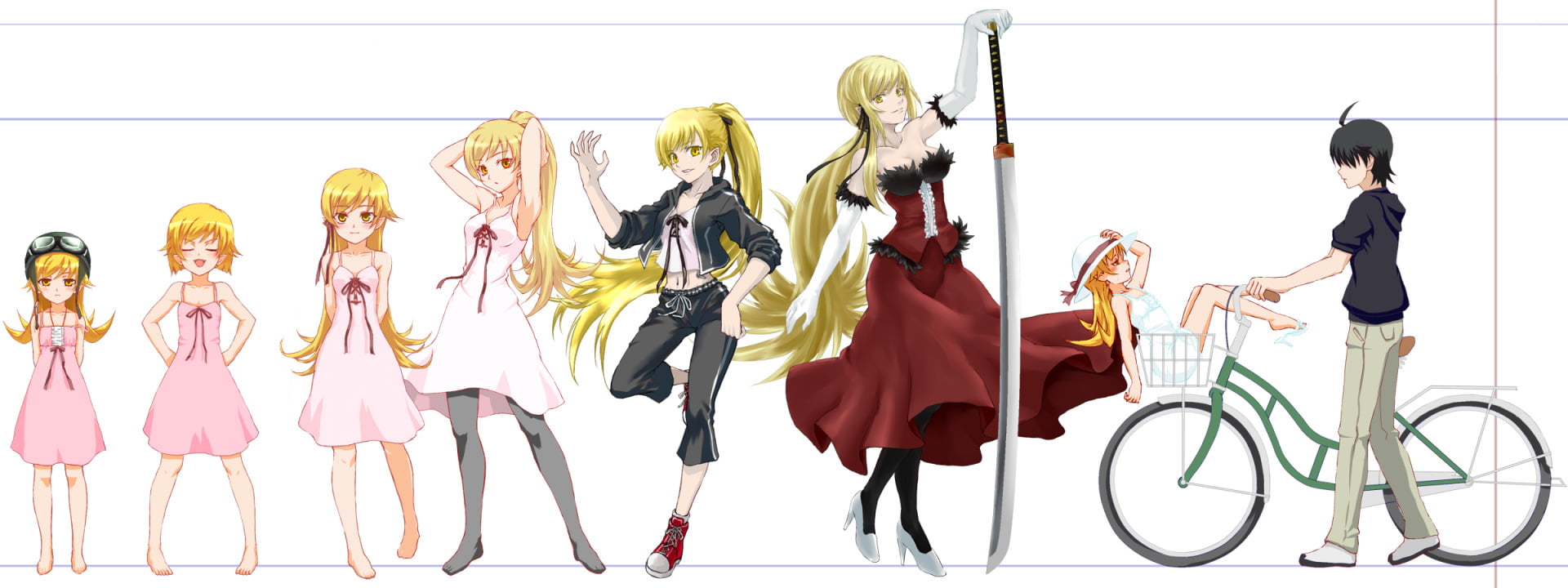 art and craft, females, people, women, fashion, standing, digital composite, Monogatari (Series), white background, panoramic, 1080P, Kiss-shot Acerola-orion Heart-under-blade, HD Wallpaper
