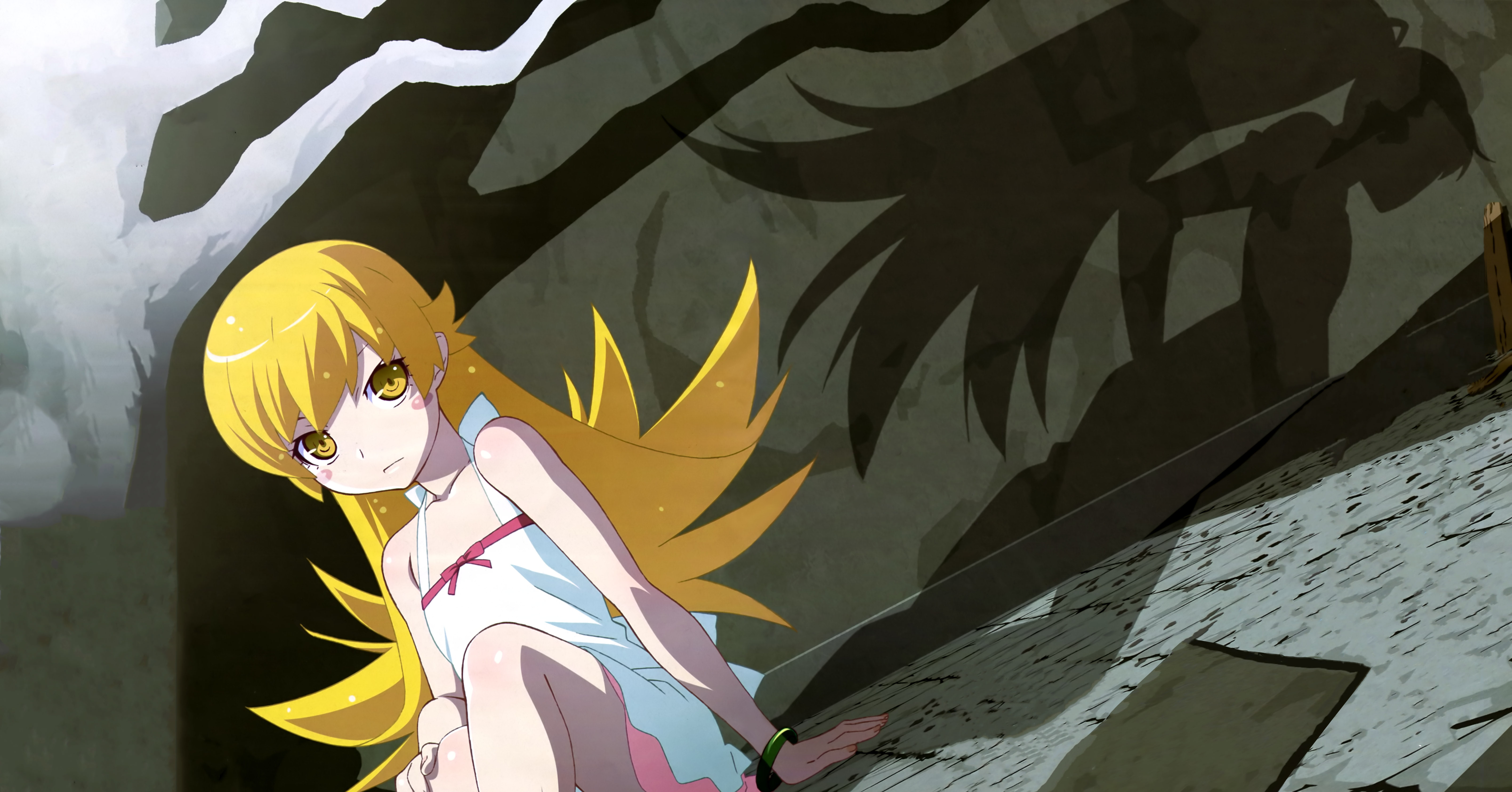 Anime, Long Hair, Monogatari (Series), 5K, Blonde, Kiss-shot Acerola-orion Heart-under-blade, Yellow Eyes, Shinobu Oshino, Girl, HD Wallpaper